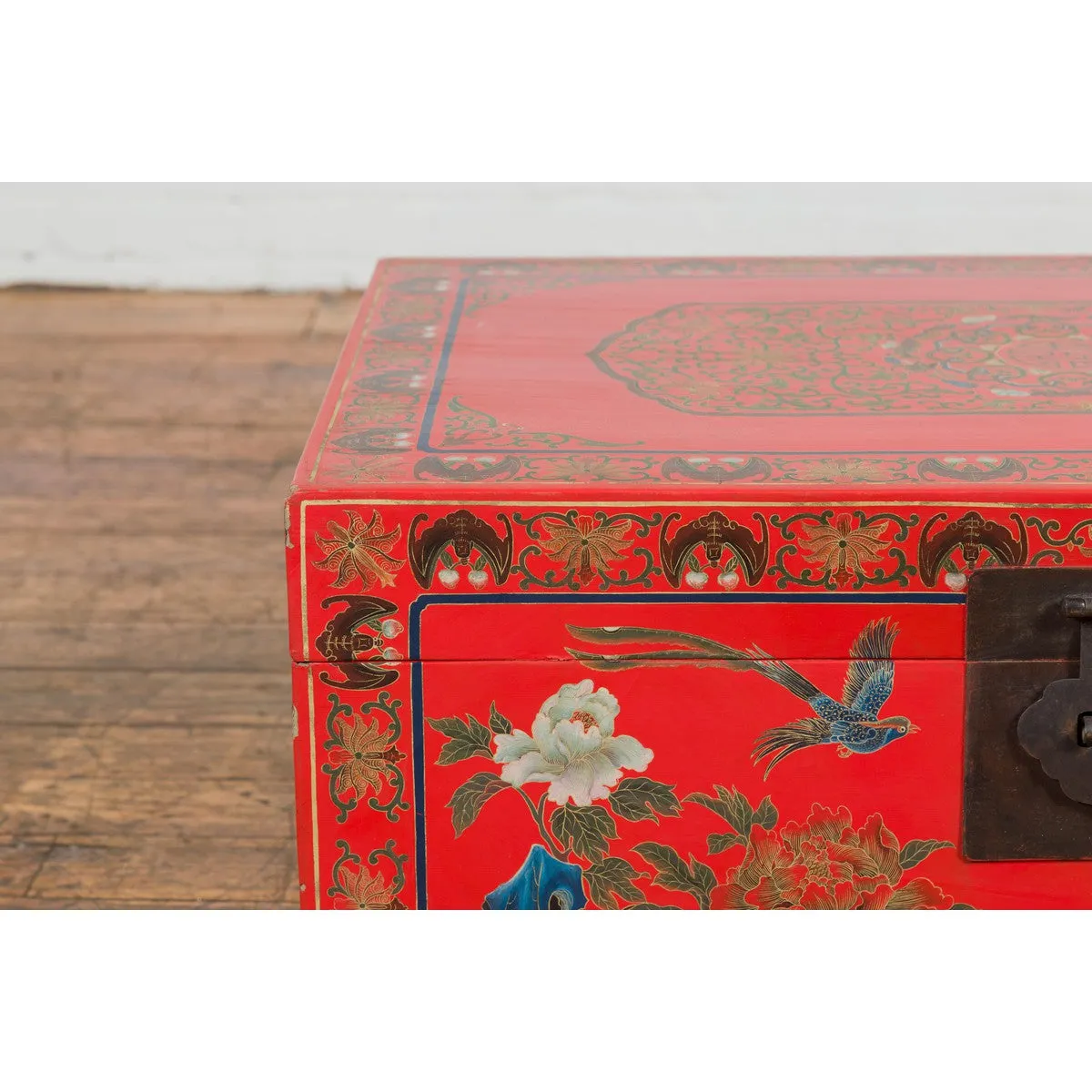 Red Lacquer Trunk with Flowers, Birds and Calligraphy Motifs