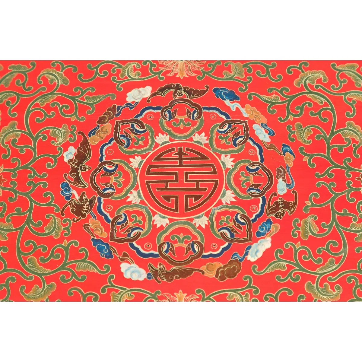 Red Lacquer Trunk with Flowers, Birds and Calligraphy Motifs