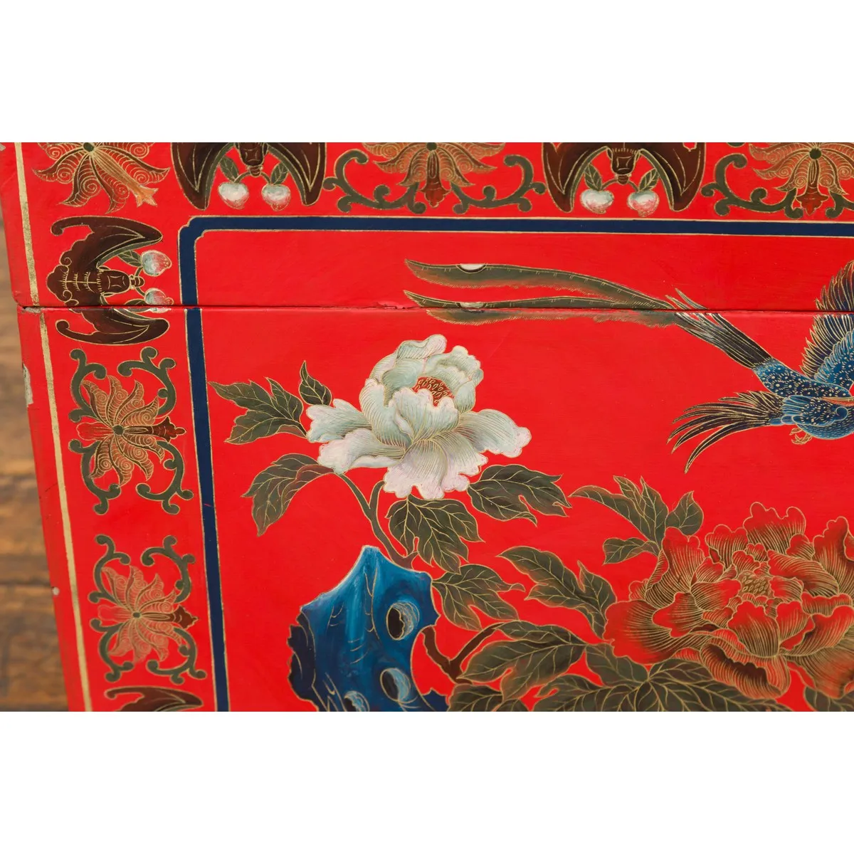 Red Lacquer Trunk with Flowers, Birds and Calligraphy Motifs