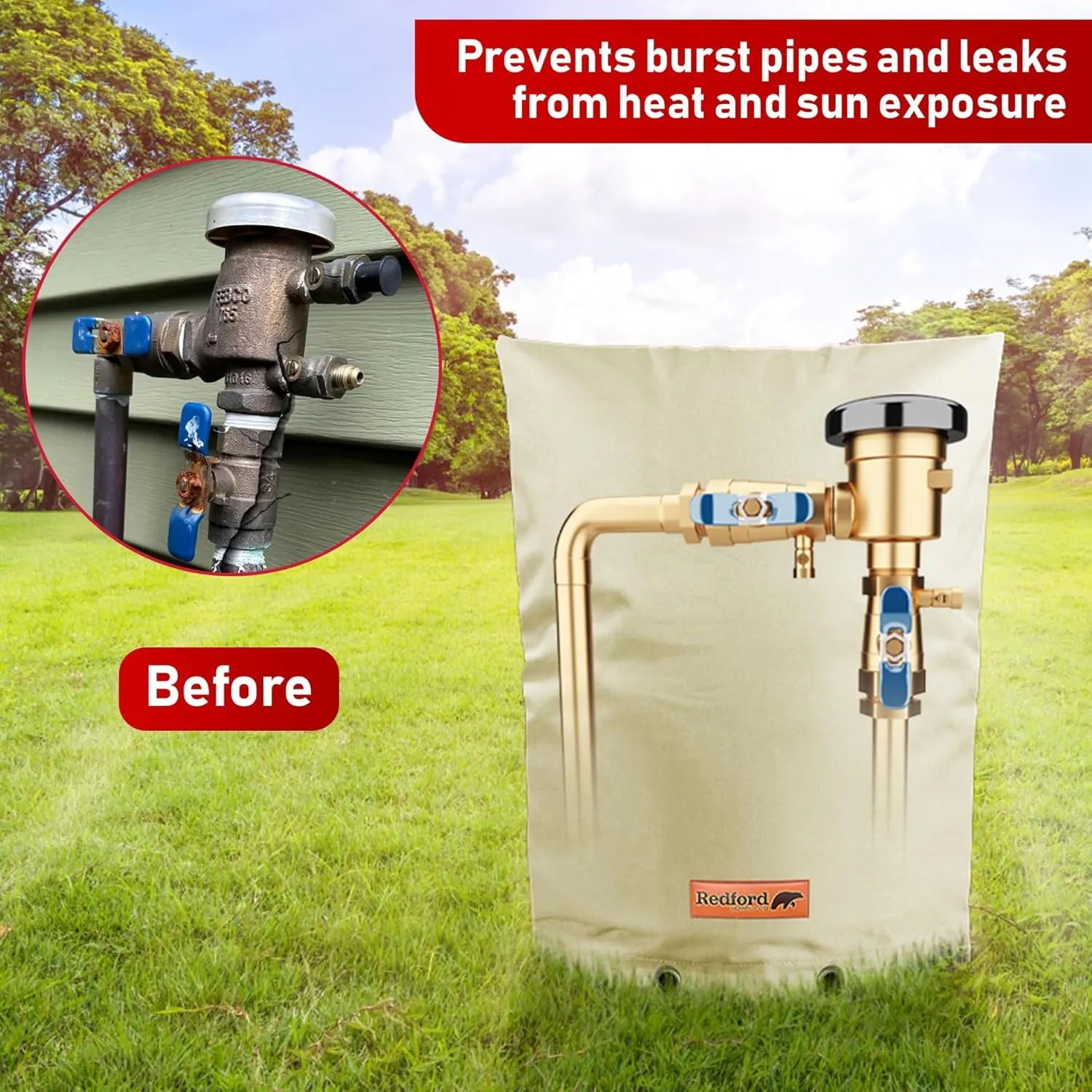 Redford Supply Co. Cold Snap (5°F) Backflow Preventer Insulation Cover, 14" W x 18" H, Pipe Insulation, Water Sprinkler Covers for Outside, Sprinkler Backflow Cover for Winter, Well Pump Bag (Beige)