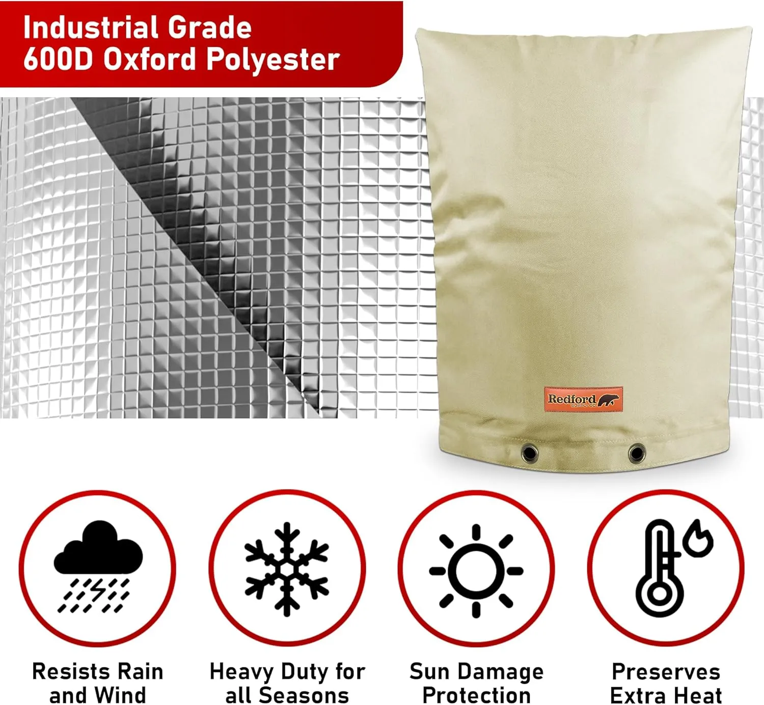 Redford Supply Co. Cold Snap (5°F) Backflow Preventer Insulation Cover, 14" W x 18" H, Pipe Insulation, Water Sprinkler Covers for Outside, Sprinkler Backflow Cover for Winter, Well Pump Bag (Beige)