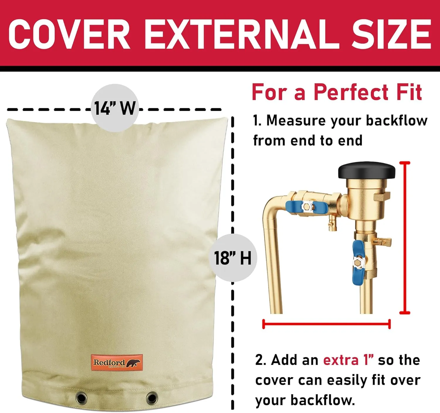 Redford Supply Co. Cold Snap (5°F) Backflow Preventer Insulation Cover, 14" W x 18" H, Pipe Insulation, Water Sprinkler Covers for Outside, Sprinkler Backflow Cover for Winter, Well Pump Bag (Beige)