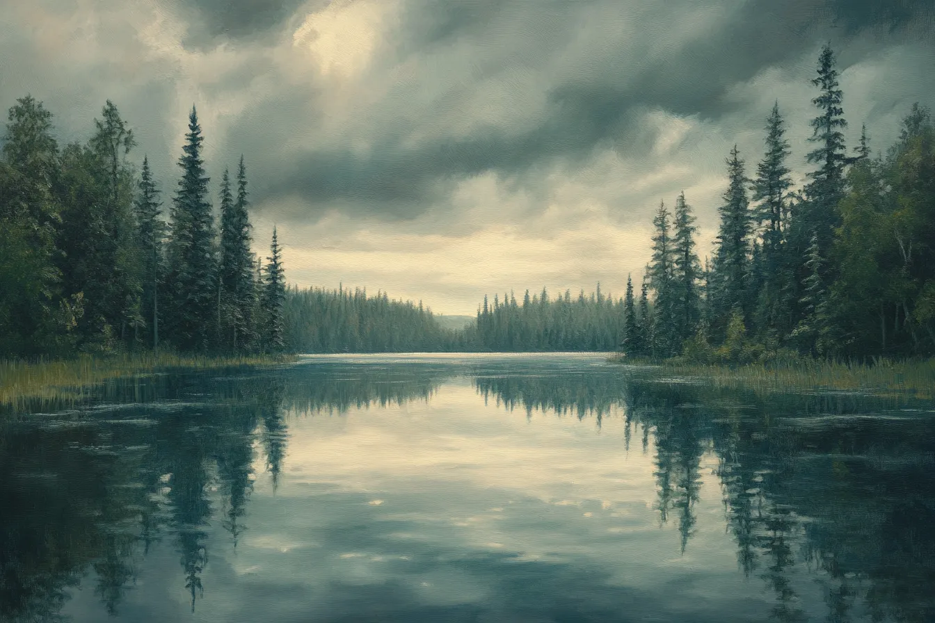 Reflective Pines under Grey Blanket