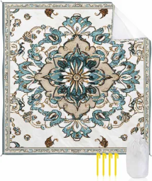 Retro Beach Blanket Waterproof Sandproof 83"x79", Bohemia Abstract Flower Oversized Beach Mat with 4 Corner Sand Pocket & 4 Stakes, Compact Outdoor Picnic Mat for Camping Travel Festivals