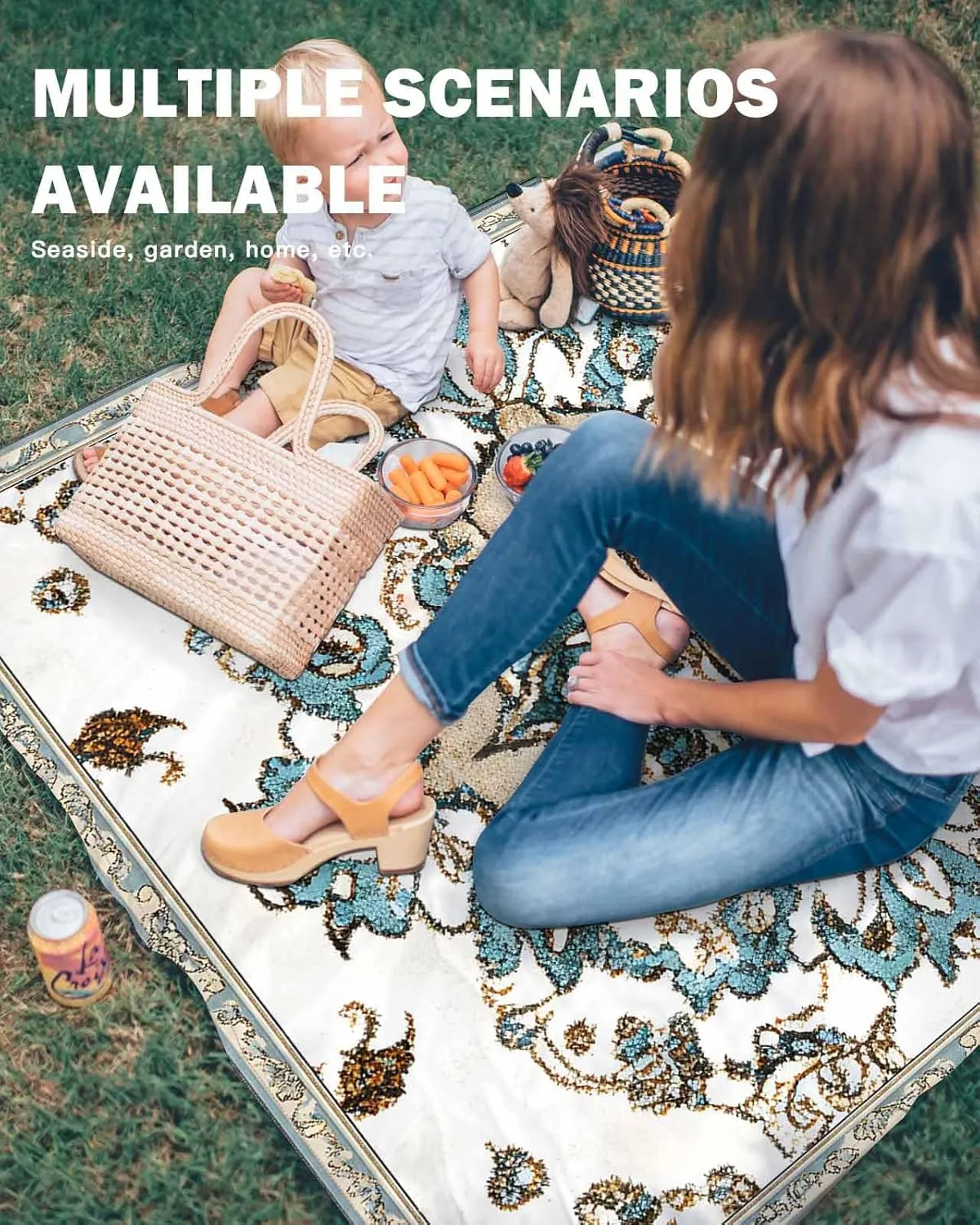 Retro Beach Blanket Waterproof Sandproof 83"x79", Bohemia Abstract Flower Oversized Beach Mat with 4 Corner Sand Pocket & 4 Stakes, Compact Outdoor Picnic Mat for Camping Travel Festivals