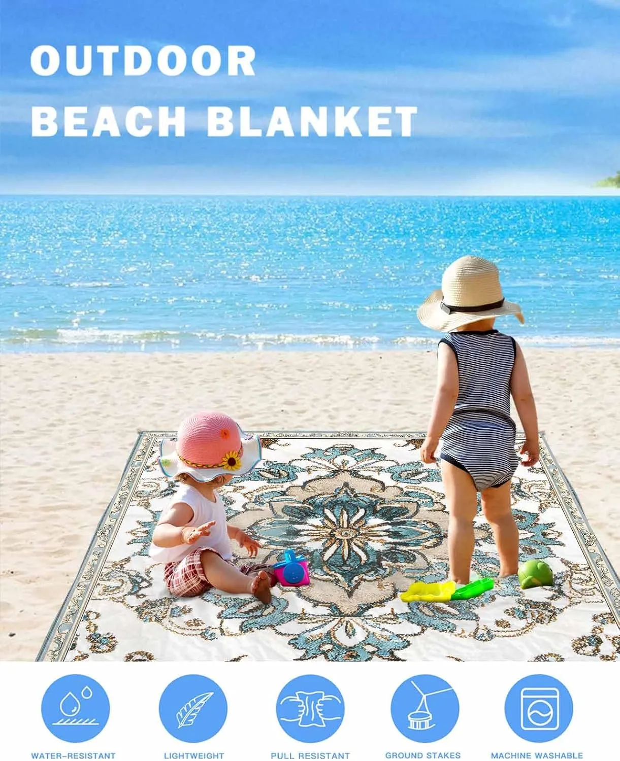 Retro Beach Blanket Waterproof Sandproof 83"x79", Bohemia Abstract Flower Oversized Beach Mat with 4 Corner Sand Pocket & 4 Stakes, Compact Outdoor Picnic Mat for Camping Travel Festivals