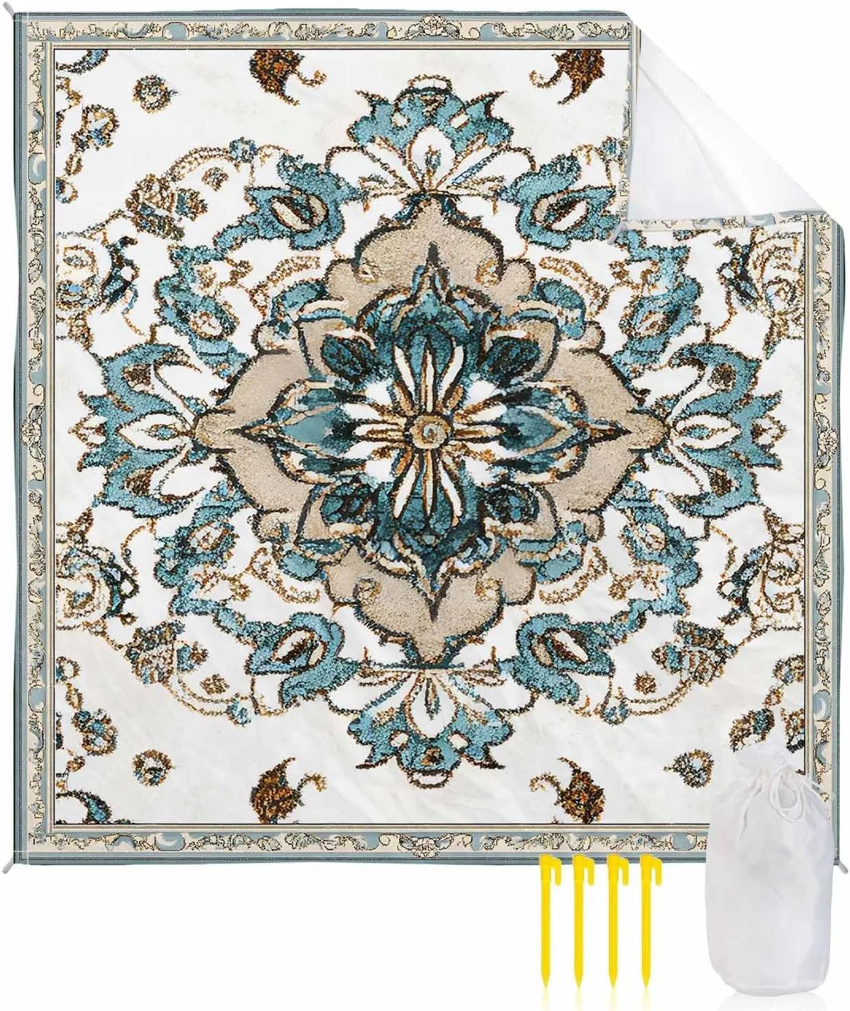 Retro Beach Blanket Waterproof Sandproof 83"x79", Bohemia Abstract Flower Oversized Beach Mat with 4 Corner Sand Pocket & 4 Stakes, Compact Outdoor Picnic Mat for Camping Travel Festivals