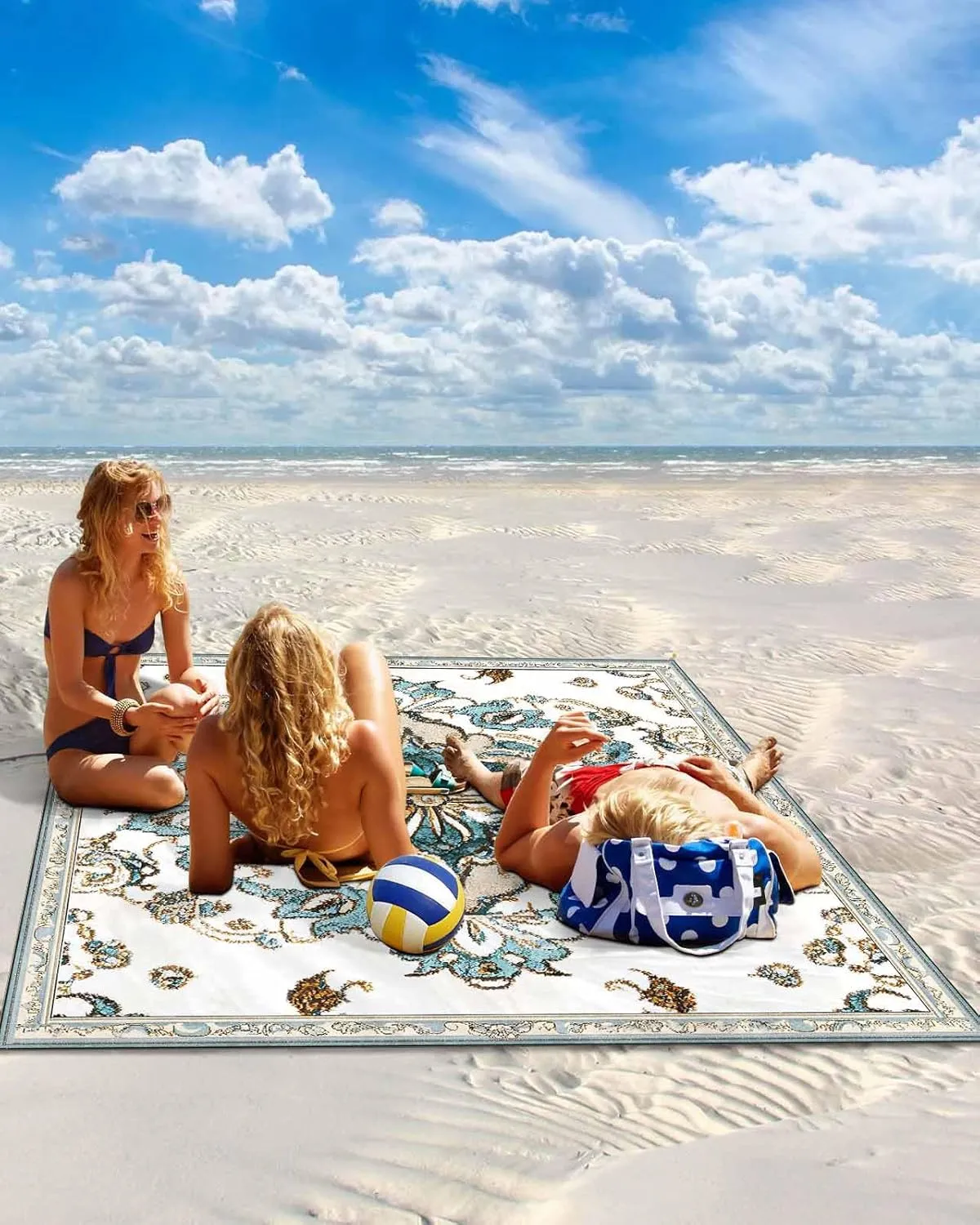 Retro Beach Blanket Waterproof Sandproof 83"x79", Bohemia Abstract Flower Oversized Beach Mat with 4 Corner Sand Pocket & 4 Stakes, Compact Outdoor Picnic Mat for Camping Travel Festivals