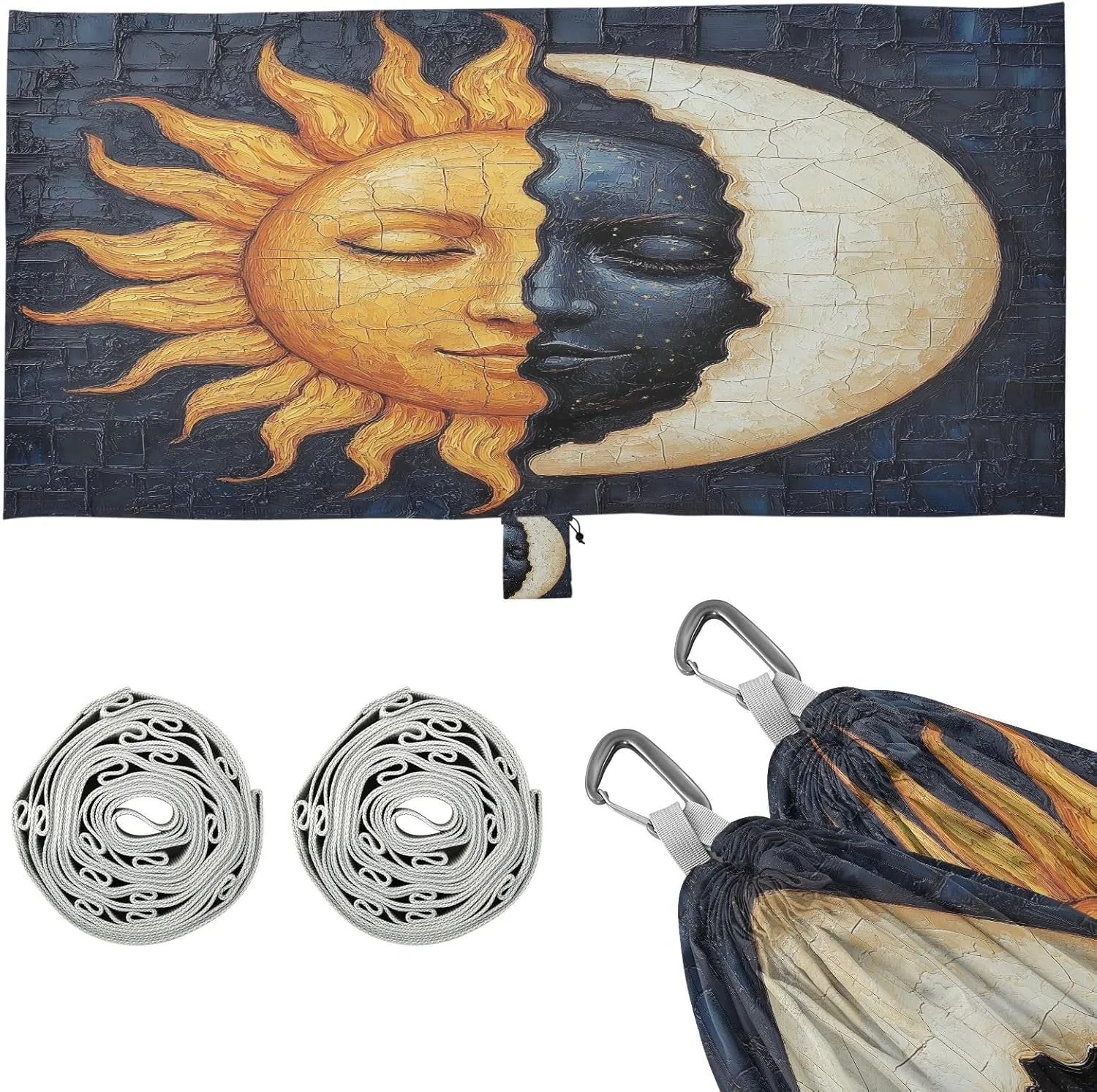 Retro Sun Moon Face Camping Hammock Single Portable Hammocks 330 lbs Capacity with 2 Tree Straps and Attached Carry Bag,Perfect for Outdoor,Indoor,Beach,Camping,Travel