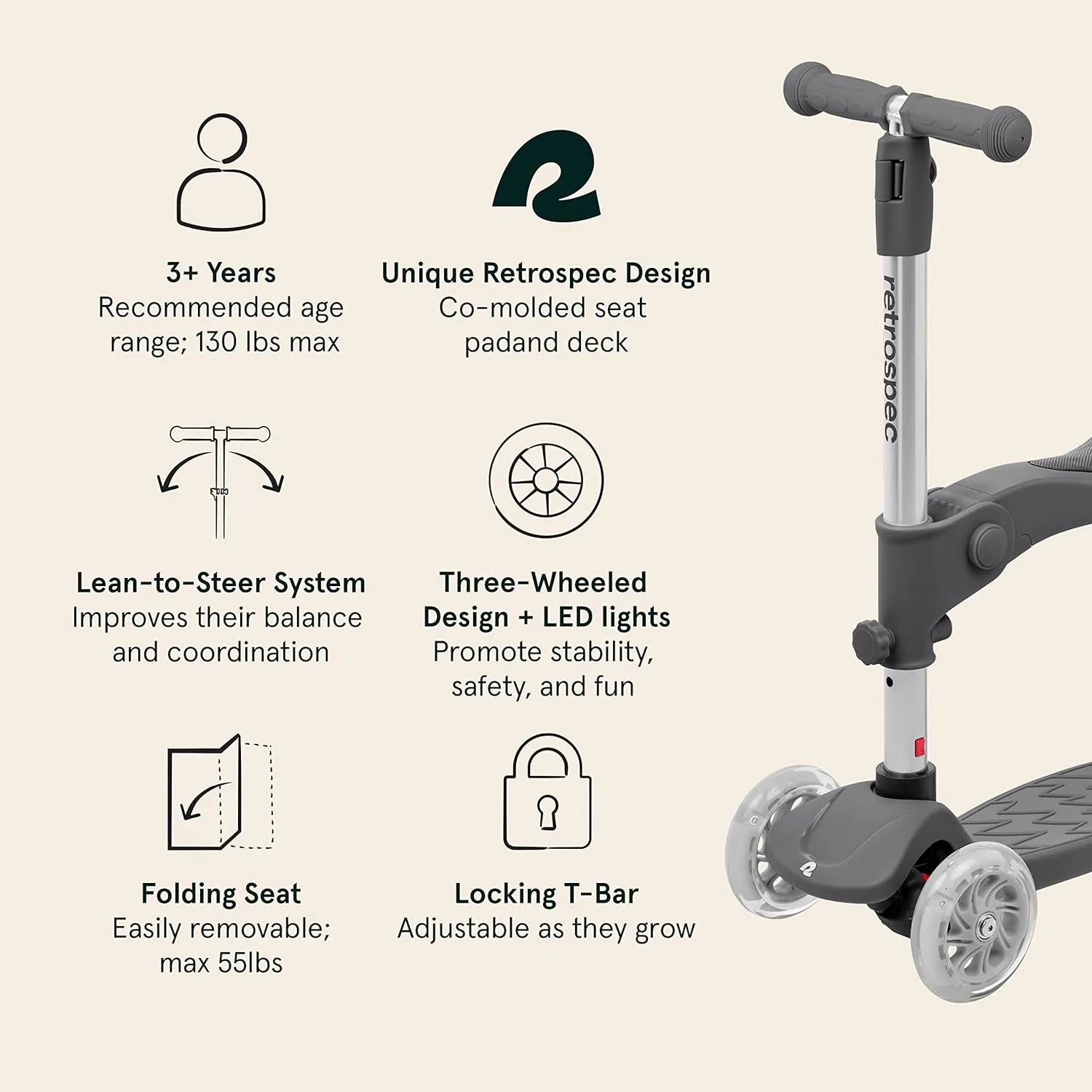 Retrospec Chipmunk Plus Kids’ Kick Scooter 3  Years - Height Adjustable 3 Wheel Scooters - Learn to Steer, Foldable Seat, LED Lights, & No-Slip Deck