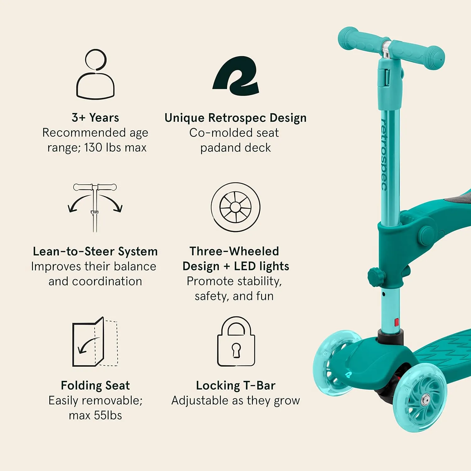 Retrospec Chipmunk Plus Kids’ Kick Scooter 3  Years - Height Adjustable 3 Wheel Scooters - Learn to Steer, Foldable Seat, LED Lights, & No-Slip Deck
