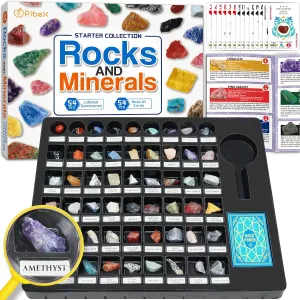 Rock Collection Starter Kit - 54 Pcs Assorted Gemstones, Crystals, Rocks & Minerals, with Learning Book & ID Cards, Earth Science Kit Toy, A Geology Gift for Kids & Adults Ages 8 