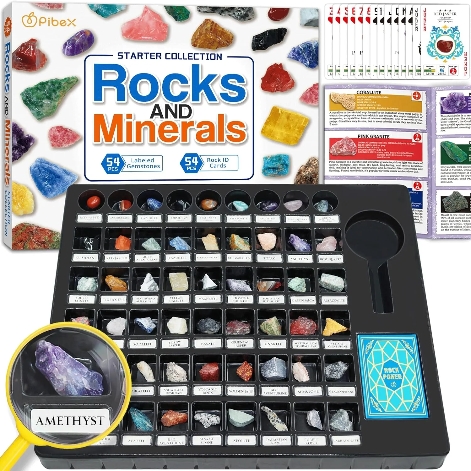 Rock Collection Starter Kit - 54 Pcs Assorted Gemstones, Crystals, Rocks & Minerals, with Learning Book & ID Cards, Earth Science Kit Toy, A Geology Gift for Kids & Adults Ages 8 