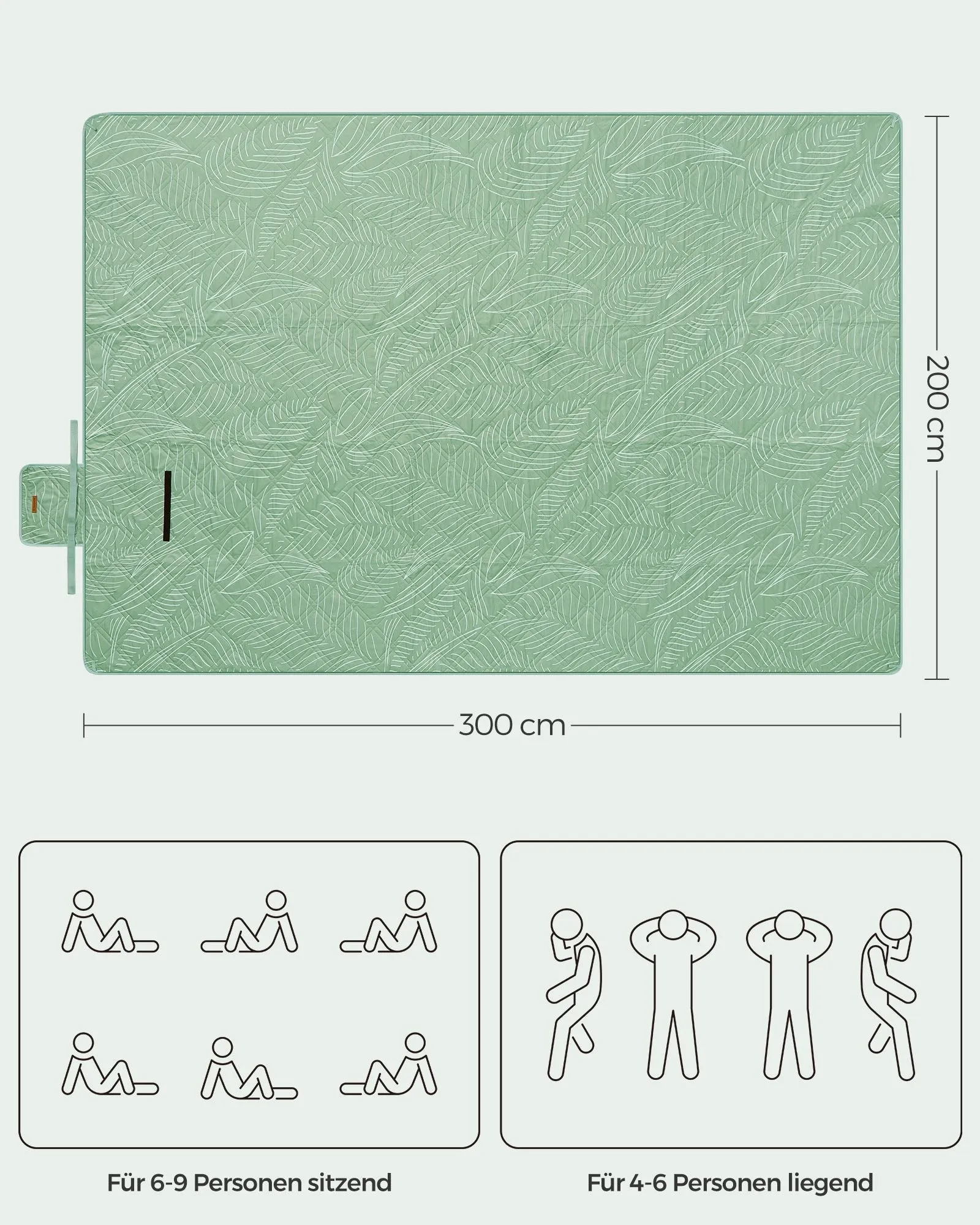Rootz Picnic Blanket - Outdoor Mat - Beach Rug - Waterproof - Lightweight - Portable - Mint Green with Tropical Fern - 300cm x 200cm - 42cm x 19cm x 19cm