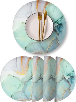 Round Leather Placemats Set of 4 PU Waterproof Non-Slip Washable Heat Resistant Place Mat for Kitchen Dining Table - Marble Pattern Stitching