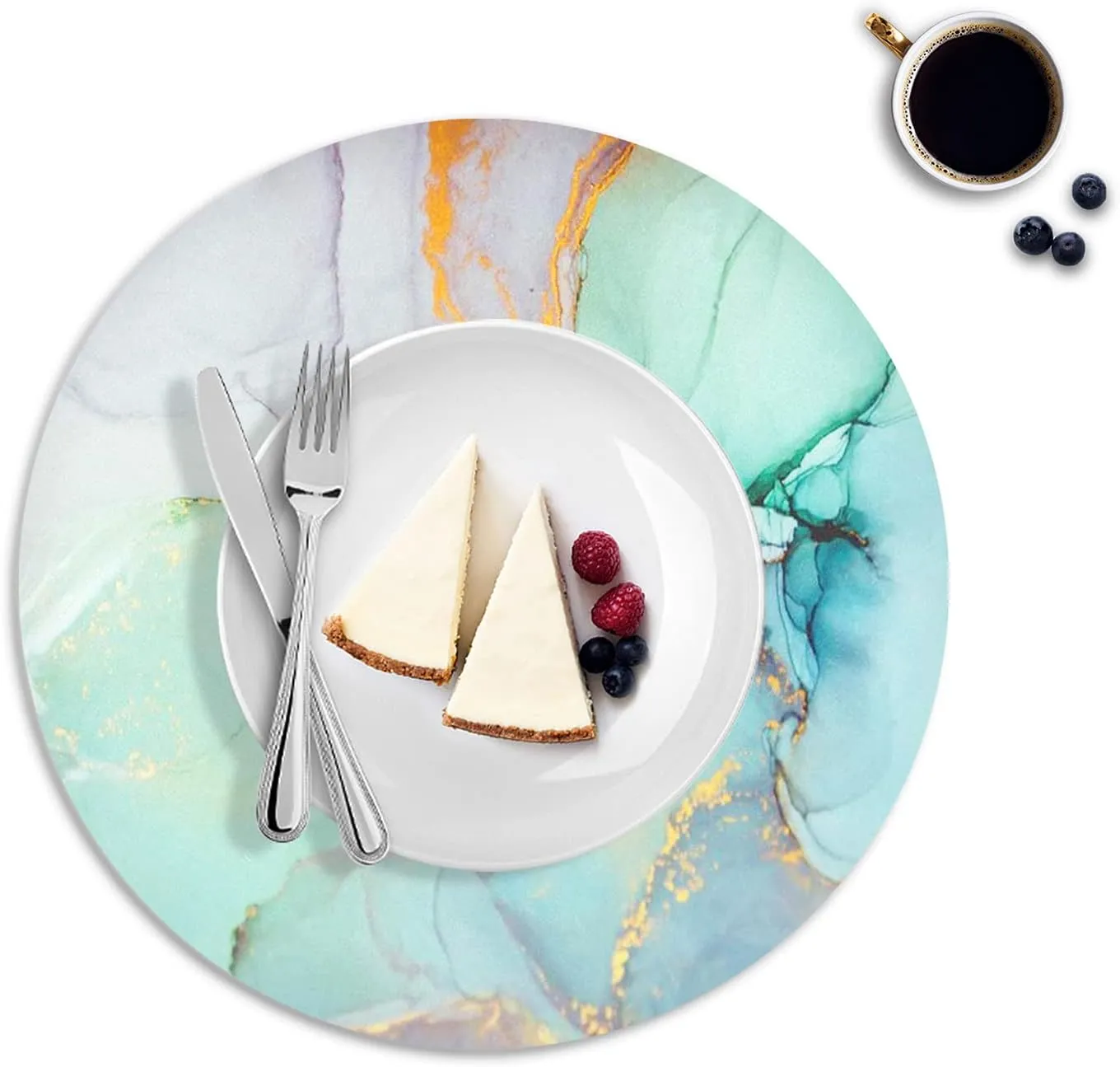 Round Leather Placemats Set of 4 PU Waterproof Non-Slip Washable Heat Resistant Place Mat for Kitchen Dining Table - Marble Pattern Stitching