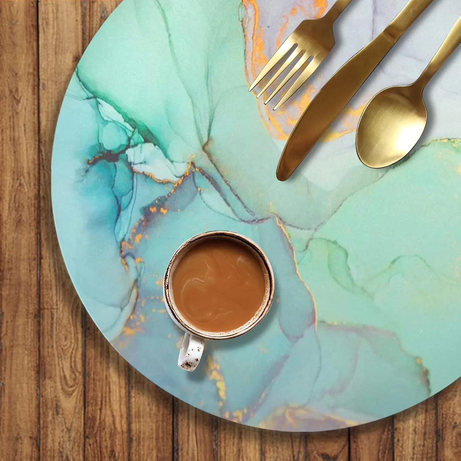 Round Leather Placemats Set of 4 PU Waterproof Non-Slip Washable Heat Resistant Place Mat for Kitchen Dining Table - Marble Pattern Stitching