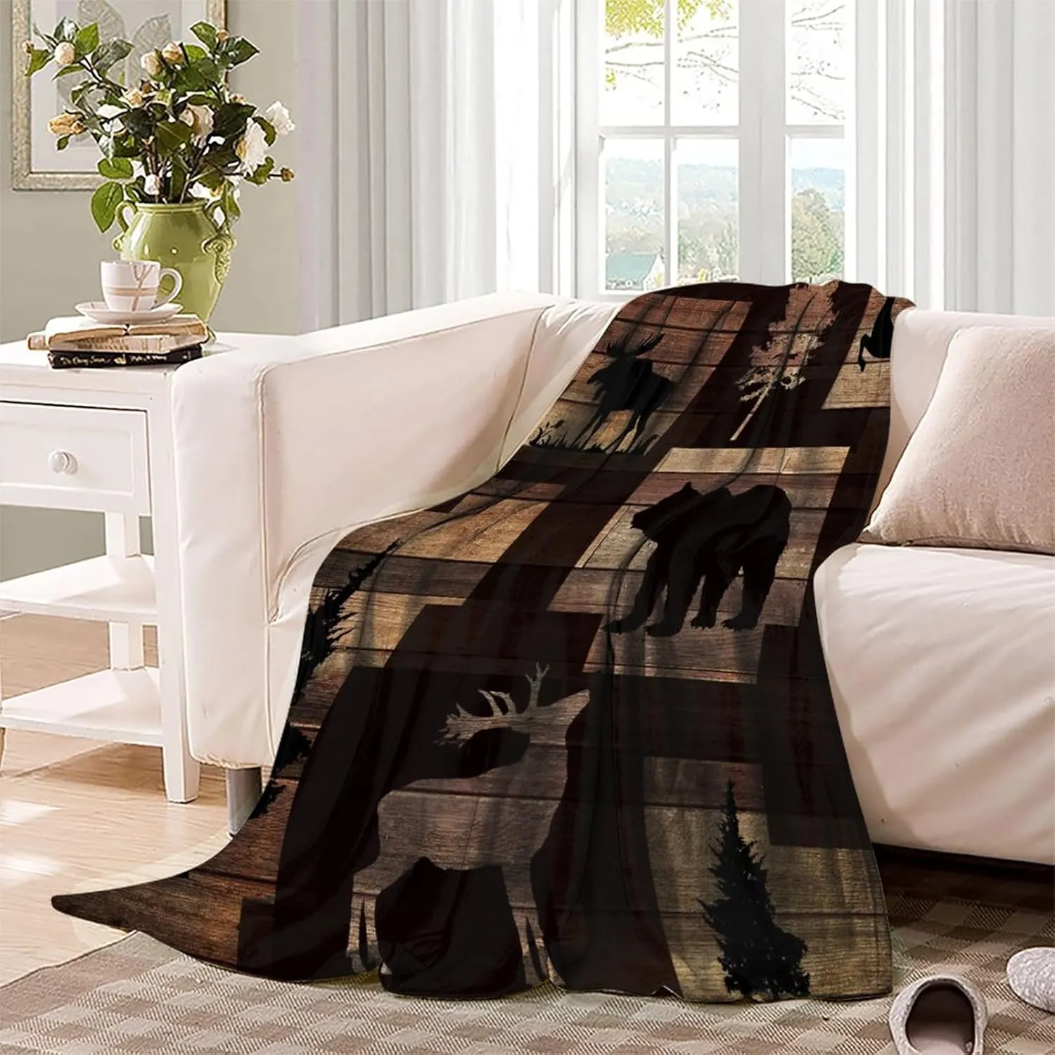 Rustic Lodge Cabin Throw Blanket,Abstract Vintage Jungle Wildlife Elk Deer Tree Bear Lightweight Soft Blanket for Sofas,Couches,Beds,Camping,Travel- 60x80inch(150x200cm)