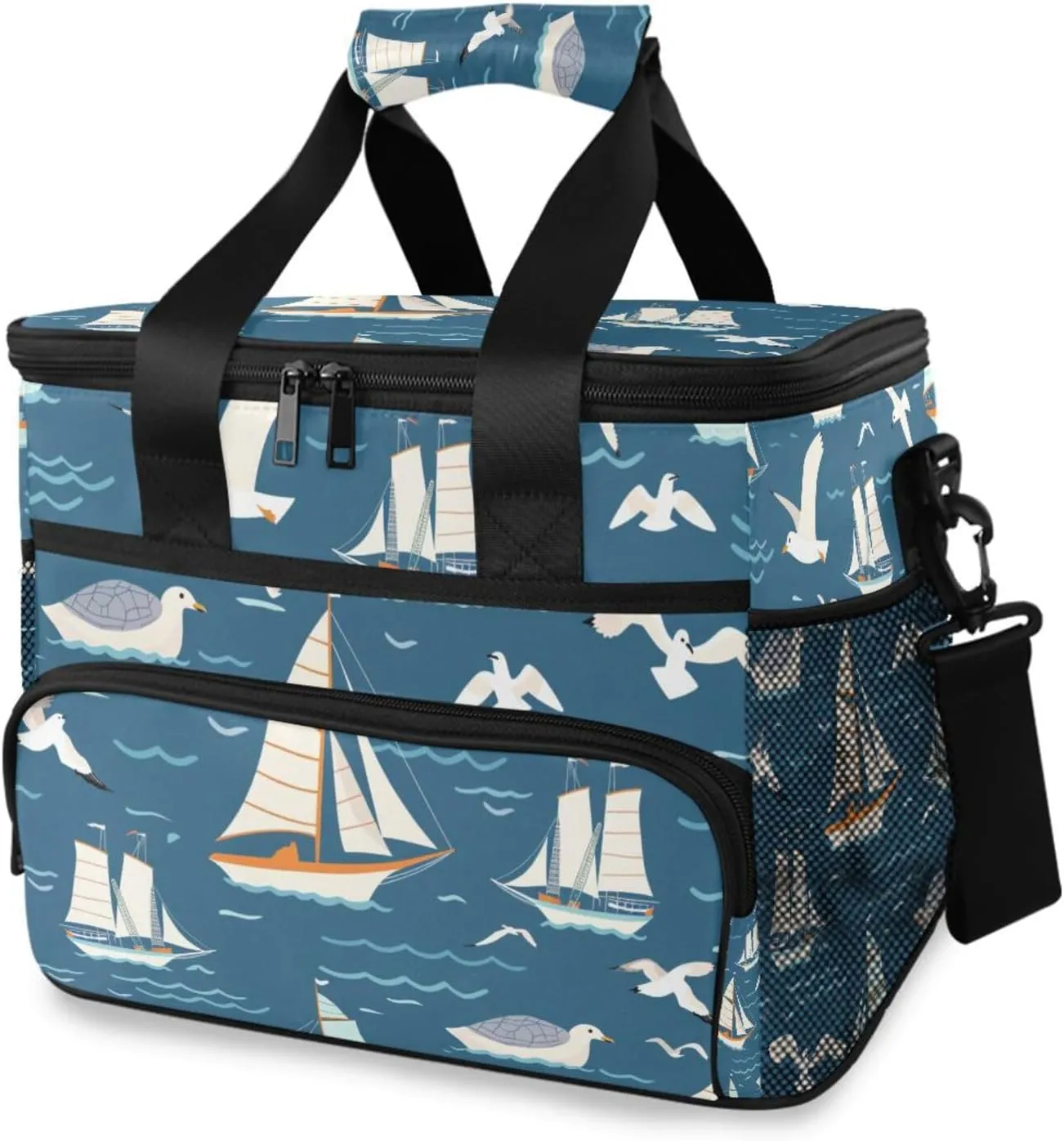 Sailboat Seagull Blue Ocean Cooler Bag Insulated Cooler Soft Sided Cooler 24 Can Portable Picnic Bag Large Leakproof Lunch Bag Box for Beach Grocery Camping Travel Car Men Women