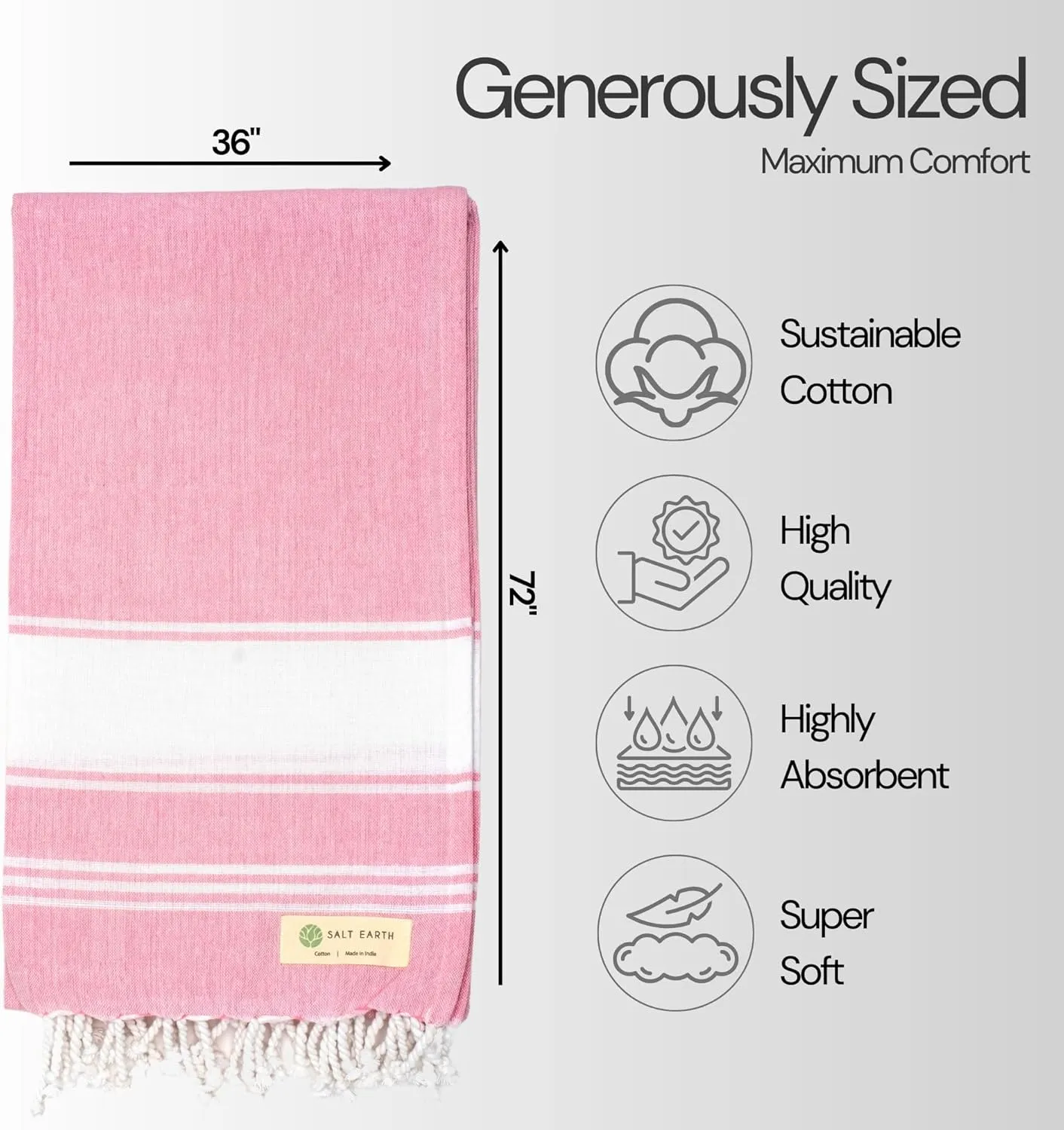 Salt Earth Cotton Turkish Beach Towel, Set of 2 Large, Bathroom, Beach Essentials, Gym, Quick Dry for Shower, Lightweight Large Towels for All (Candy Pink)
