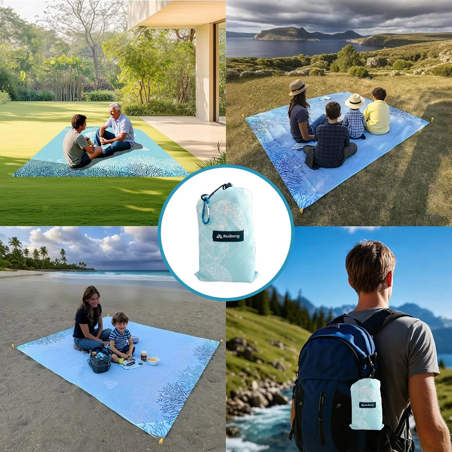 Sandproof Beach Blanket, Waterproof Extra Large & Lightweight Beach Mat & Accessories, for Hiking, Picnic, Travel, Camping. (Turtle 79in*79in)