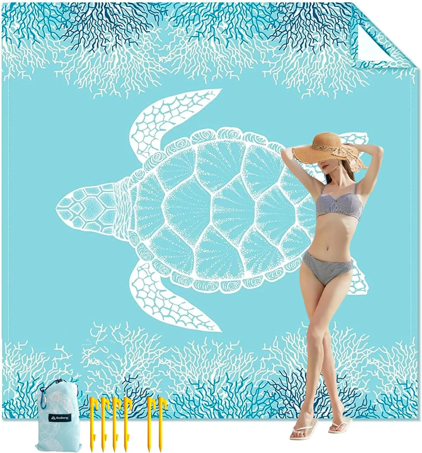 Sandproof Beach Blanket, Waterproof Extra Large & Lightweight Beach Mat & Accessories, for Hiking, Picnic, Travel, Camping. (Turtle 79in*79in)