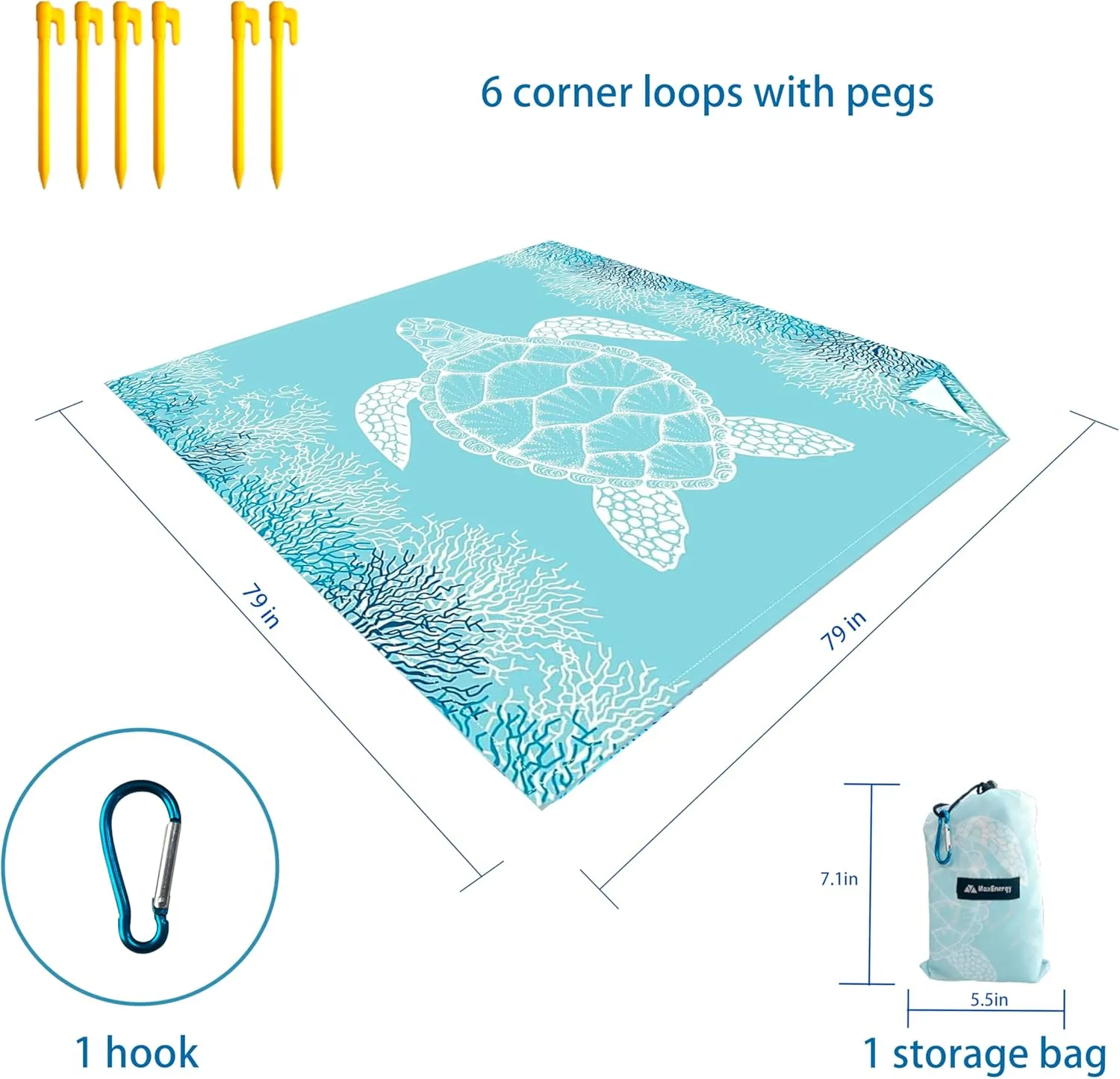 Sandproof Beach Blanket, Waterproof Extra Large & Lightweight Beach Mat & Accessories, for Hiking, Picnic, Travel, Camping. (Turtle 79in*79in)