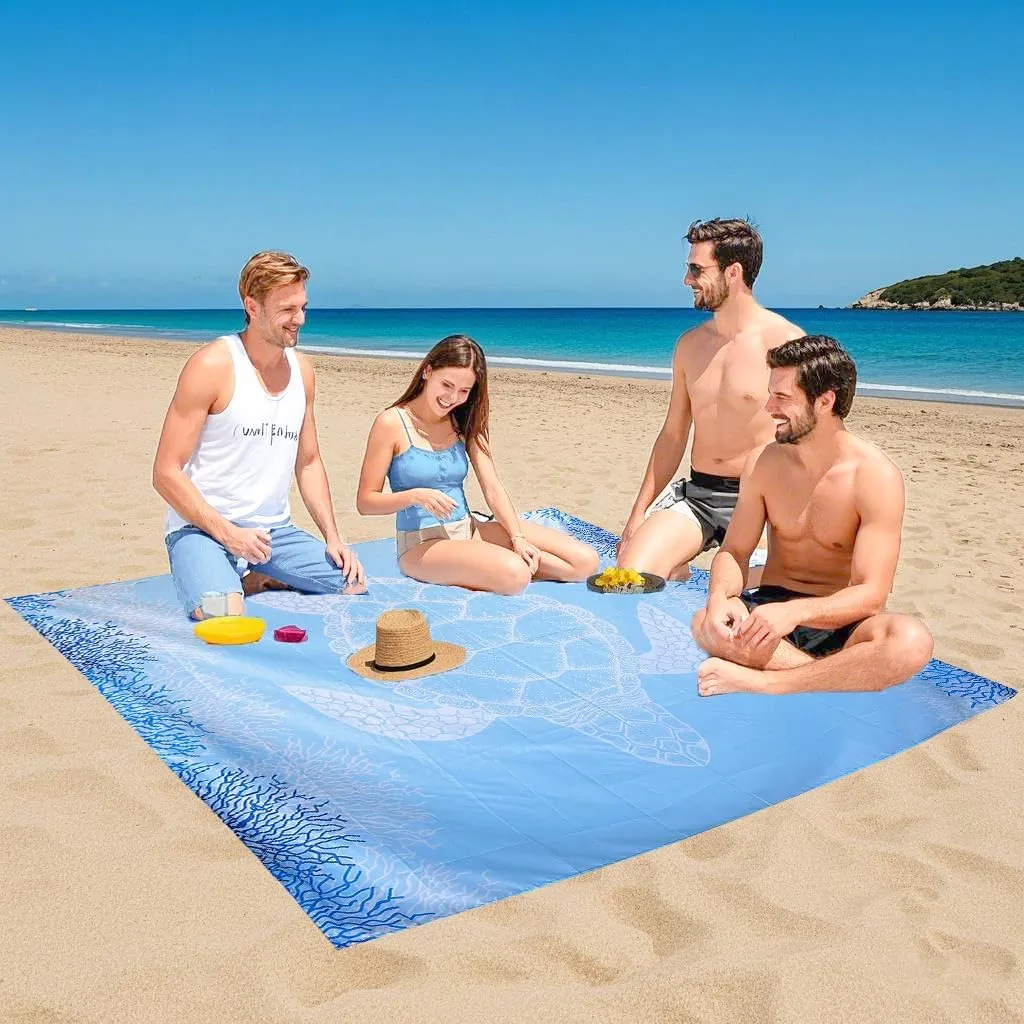 Sandproof Beach Blanket, Waterproof Extra Large & Lightweight Beach Mat & Accessories, for Hiking, Picnic, Travel, Camping. (Turtle 79in*79in)