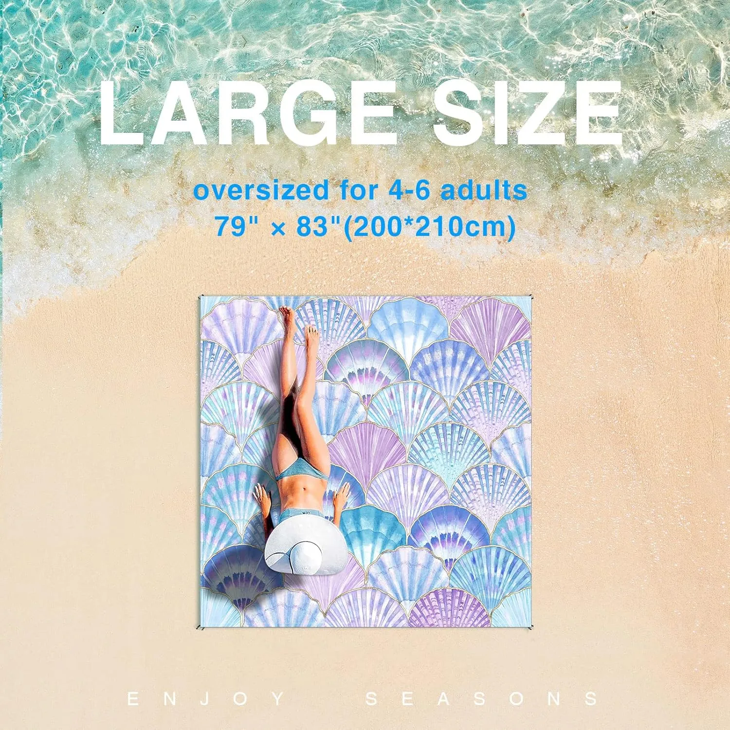 Sandproof Waterproof Beach Mat, 79" x 83", Ocean Blue, 100% Polyester, Fits 4-6 Persons, Portable Camping Blanket for Travel, Camping, Hiking, Picnic