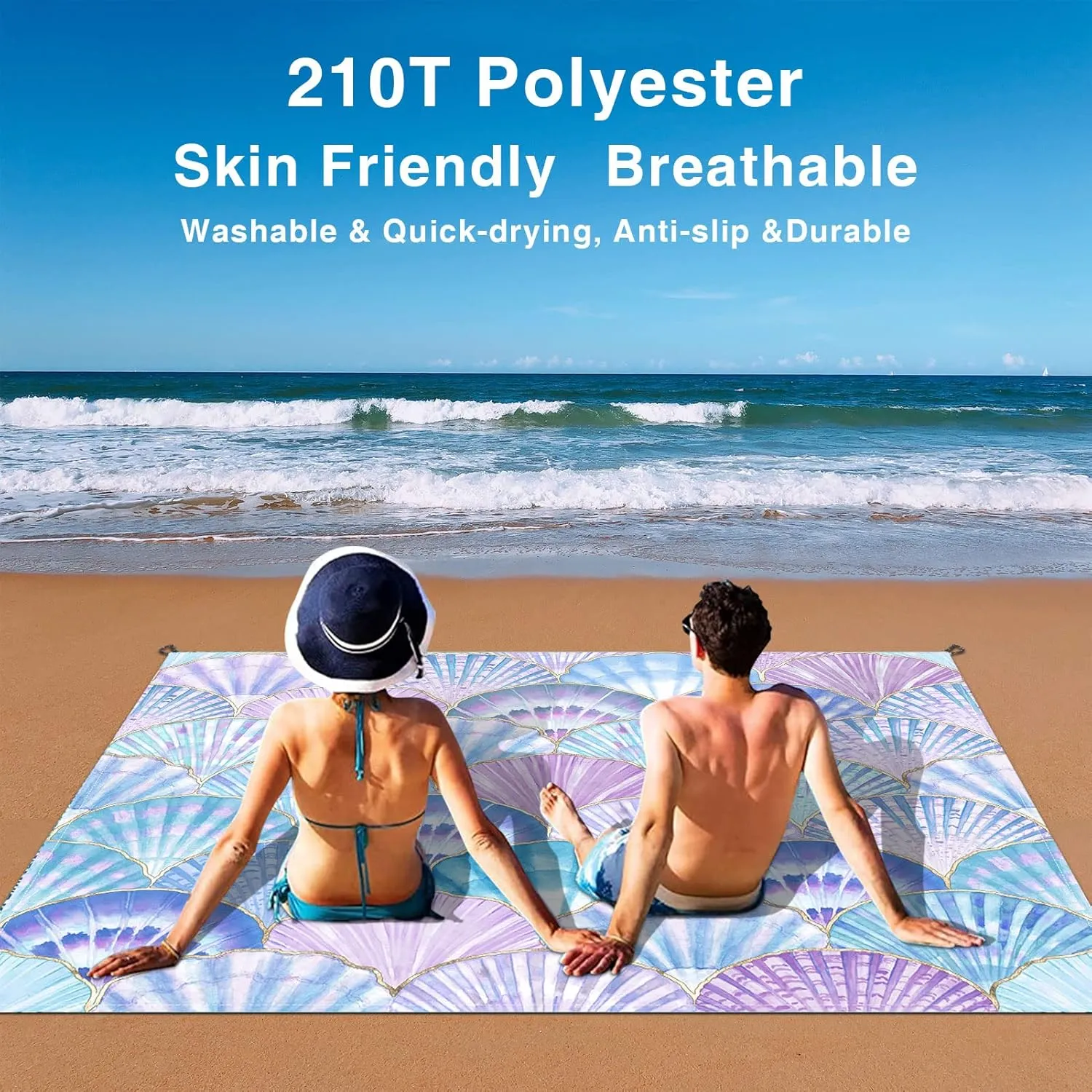 Sandproof Waterproof Beach Mat, 79" x 83", Ocean Blue, 100% Polyester, Fits 4-6 Persons, Portable Camping Blanket for Travel, Camping, Hiking, Picnic