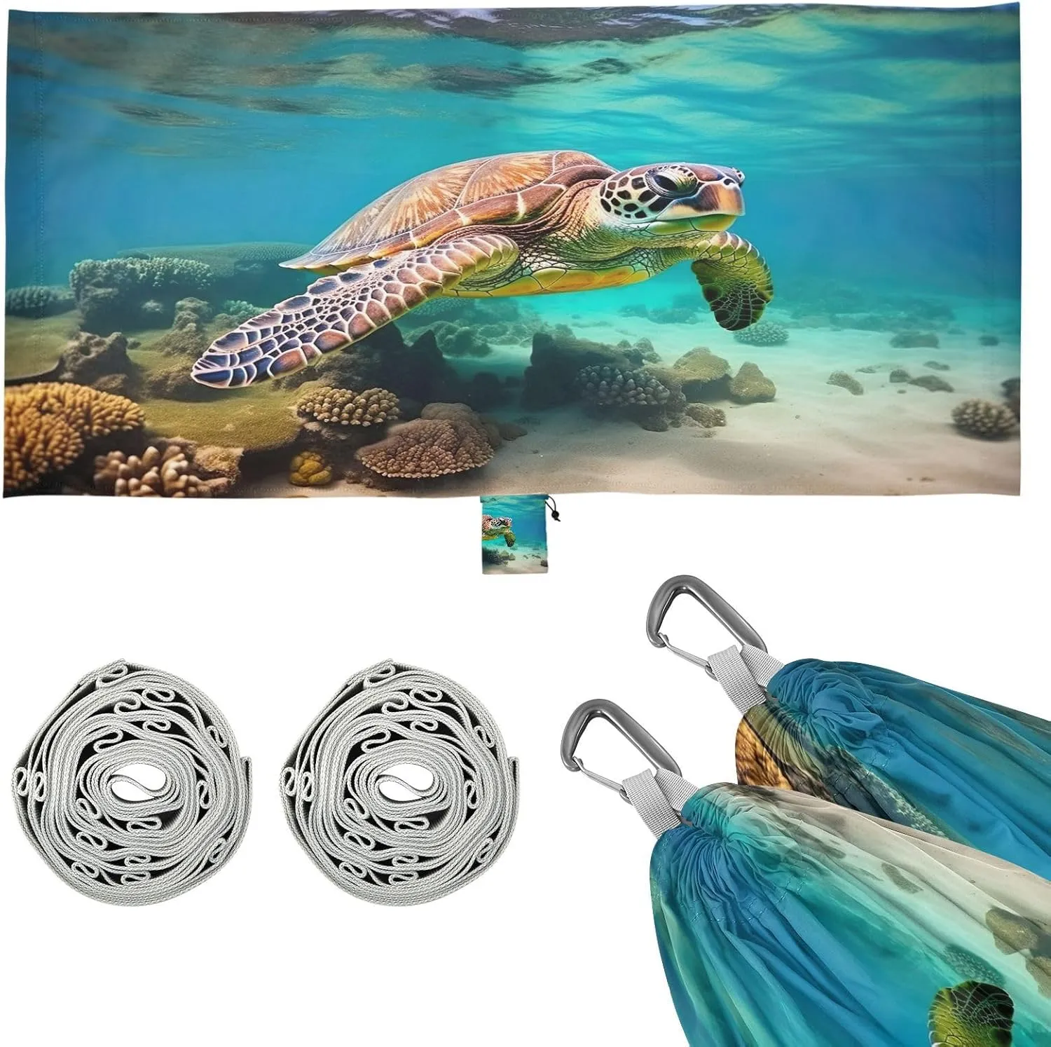 Sea Turtle Camping Hammock, Single Portable Hammocks with Tree Straps & Attached Carry Bag, 330Lbs Capacity Perfect for Outside Indoor Hiking Beach Backpack Travel