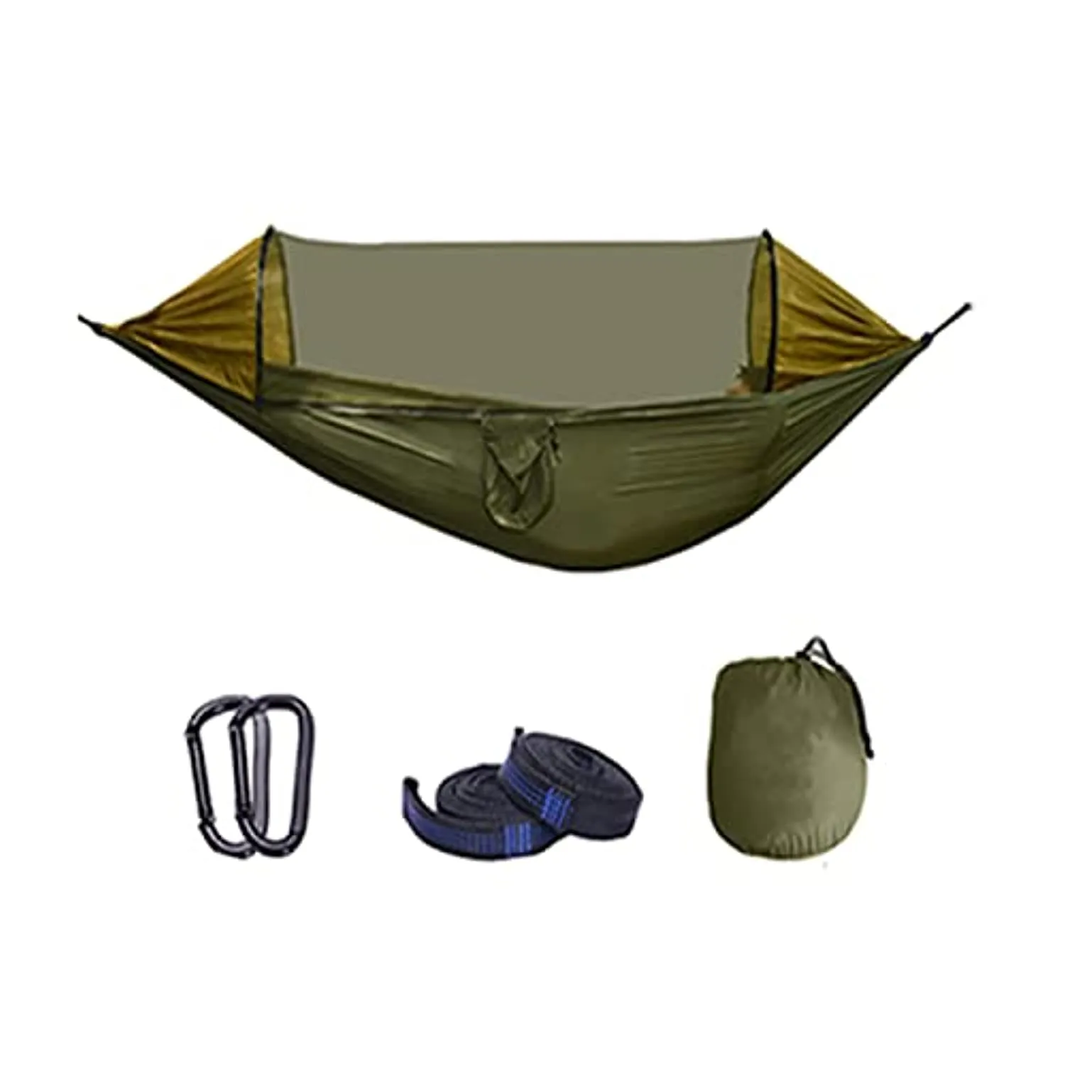 SEAFTE Seafte Camping Hammock with Mosquito Net Parachute Hammock Pop-Up 2 Person Hanging Lightweight Hammock with Tree Straps for Backyard Backpacking Hiking (Army Green, XL)