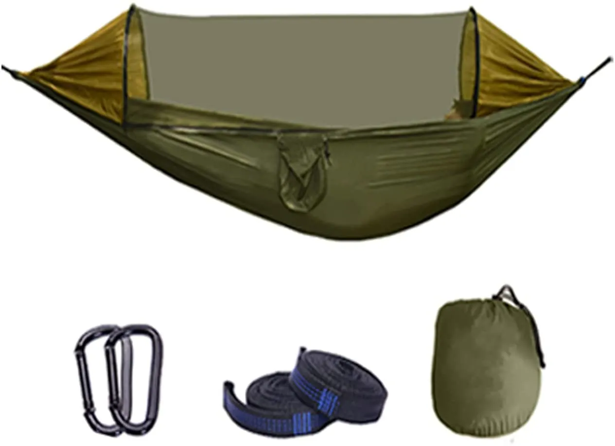 SEAFTE Seafte Camping Hammock with Mosquito Net Parachute Hammock Pop-Up 2 Person Hanging Lightweight Hammock with Tree Straps for Backyard Backpacking Hiking (Army Green, XL)