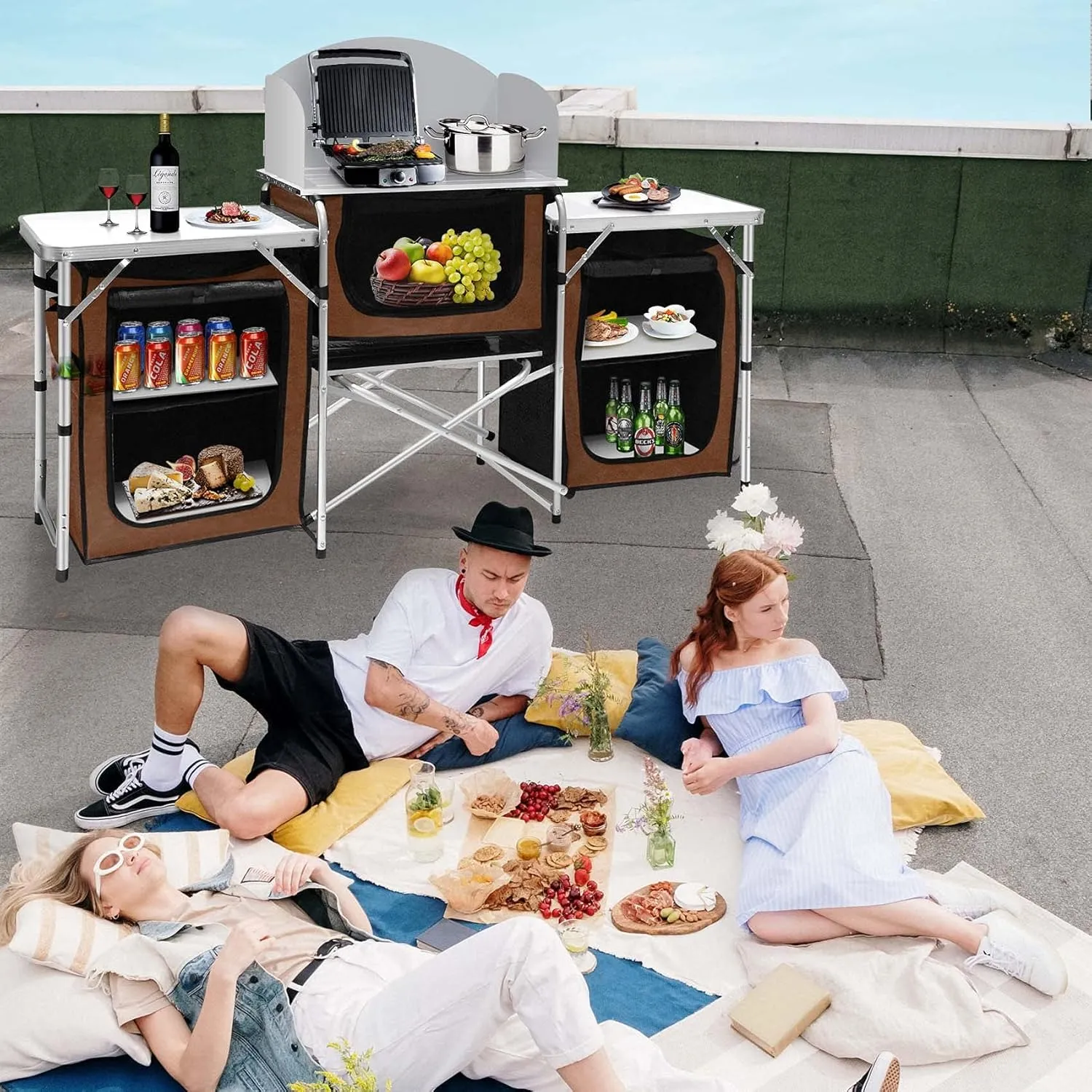 Seeutek Portable Camping Kitchen Table Aluminum Outdoor Cooking Table Foldable Camp Table with Windscreen & 3 Storage Cupboards for BBQ, Party, Picnics and Outdoor Activities Brown