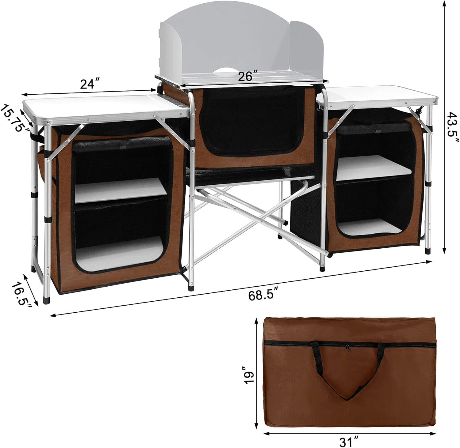 Seeutek Portable Camping Kitchen Table Aluminum Outdoor Cooking Table Foldable Camp Table with Windscreen & 3 Storage Cupboards for BBQ, Party, Picnics and Outdoor Activities Brown