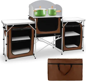 Seeutek Portable Camping Kitchen Table Aluminum Outdoor Cooking Table Foldable Camp Table with Windscreen & 3 Storage Cupboards for BBQ, Party, Picnics and Outdoor Activities Brown