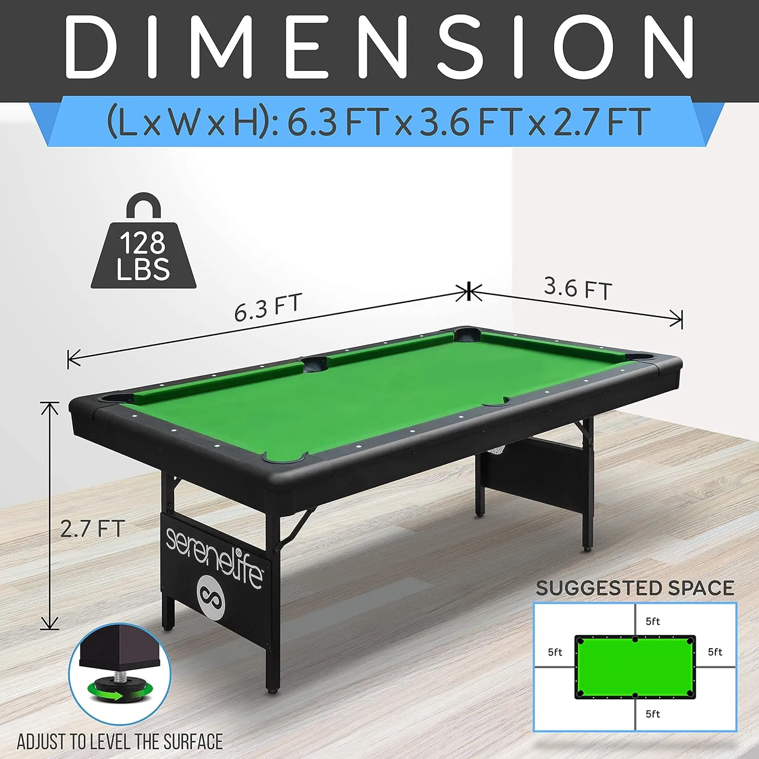 SereneLife 6-Ft Folding Pool Table - Best in Stability - Steel Frame, Fully Supported Slate, Welded Leg Supports with Safety Anti Collapse Locks, 128LB Heavy Duty Billiard Game and Accessory Set