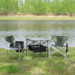 Set of 3 Folding Outdoor Table and Chairs, Lightweight Aluminum Roll-Up Table with Durable Oxford Cloth Padded Chairs, Portable Camping, Picnic, Beach Patio and Party Furniture Set, Black Green