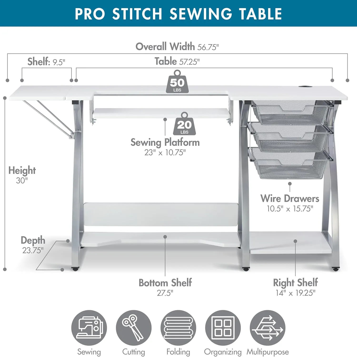 Sew Ready Pro Stitch Sewing Machine Table - 56.75" W x 23.75" D White Hobby and Sewing Machine Table with Storage Shelf and 3 Storage Drawers - Can Also Be Used as Computer Desk