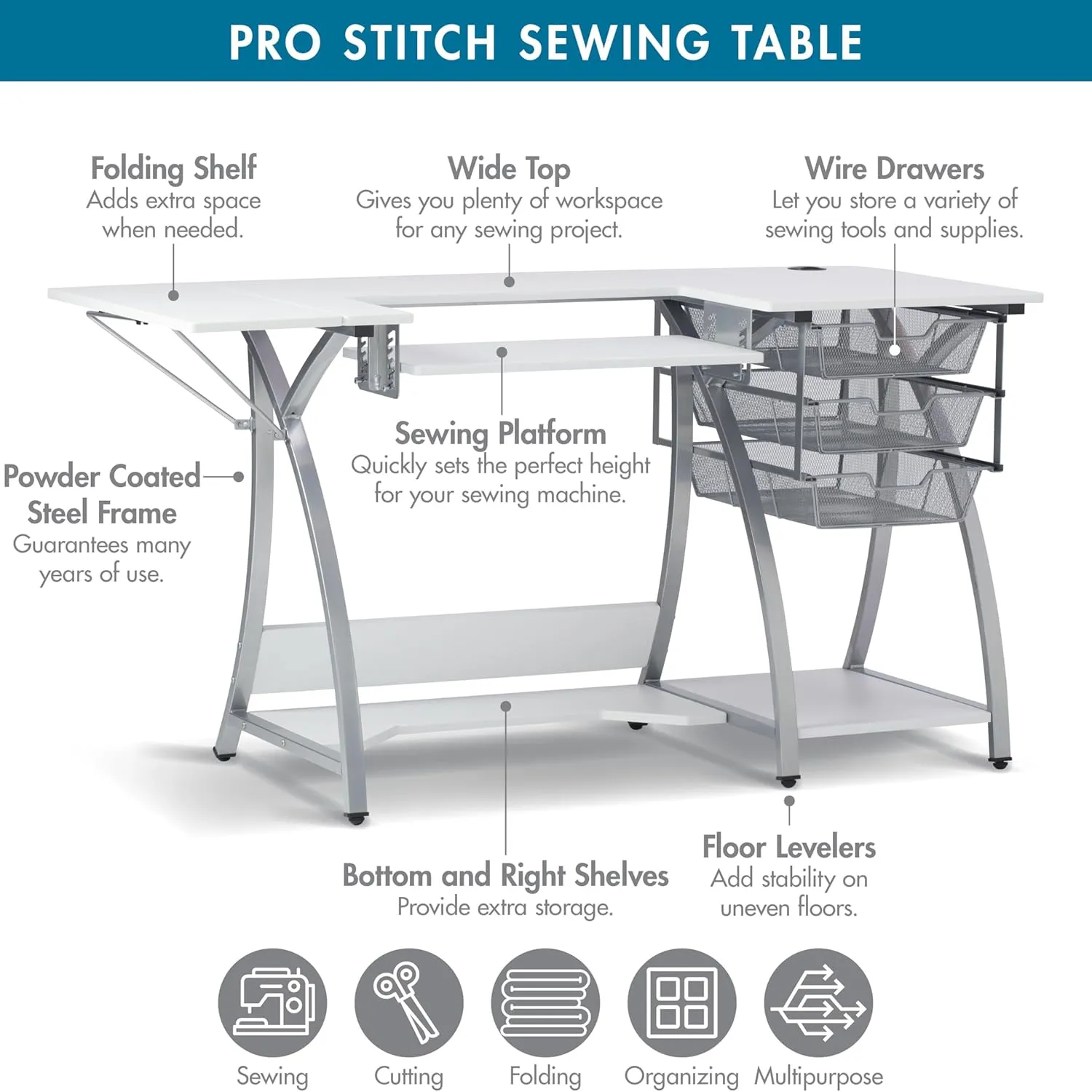 Sew Ready Pro Stitch Sewing Machine Table - 56.75" W x 23.75" D White Hobby and Sewing Machine Table with Storage Shelf and 3 Storage Drawers - Can Also Be Used as Computer Desk