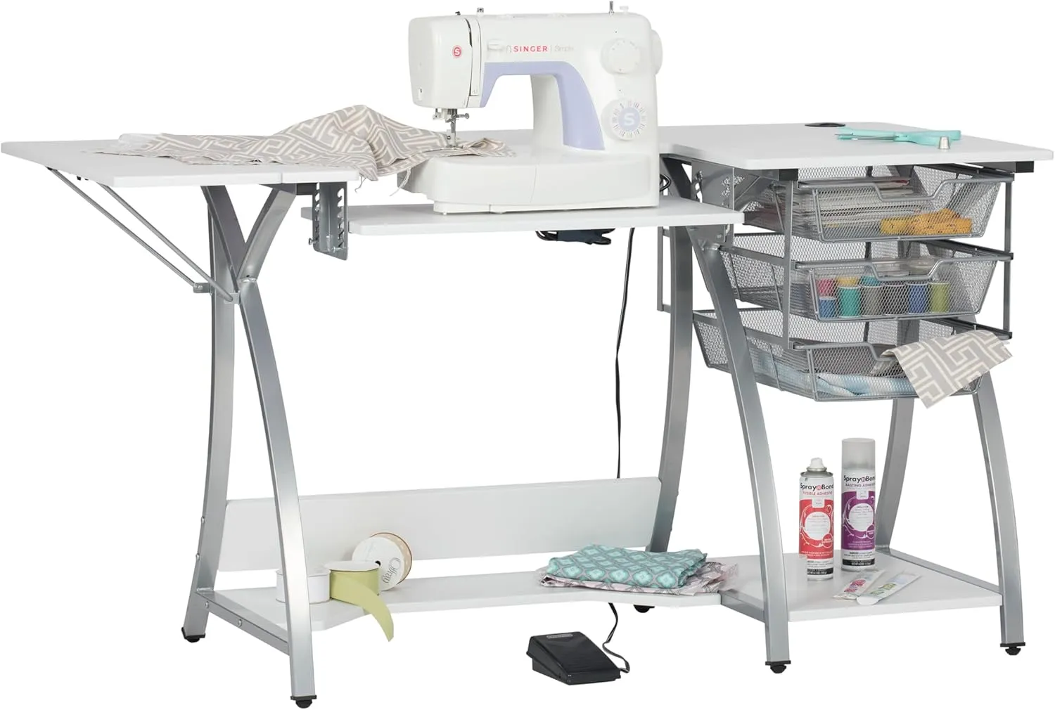 Sew Ready Pro Stitch Sewing Machine Table - 56.75" W x 23.75" D White Hobby and Sewing Machine Table with Storage Shelf and 3 Storage Drawers - Can Also Be Used as Computer Desk