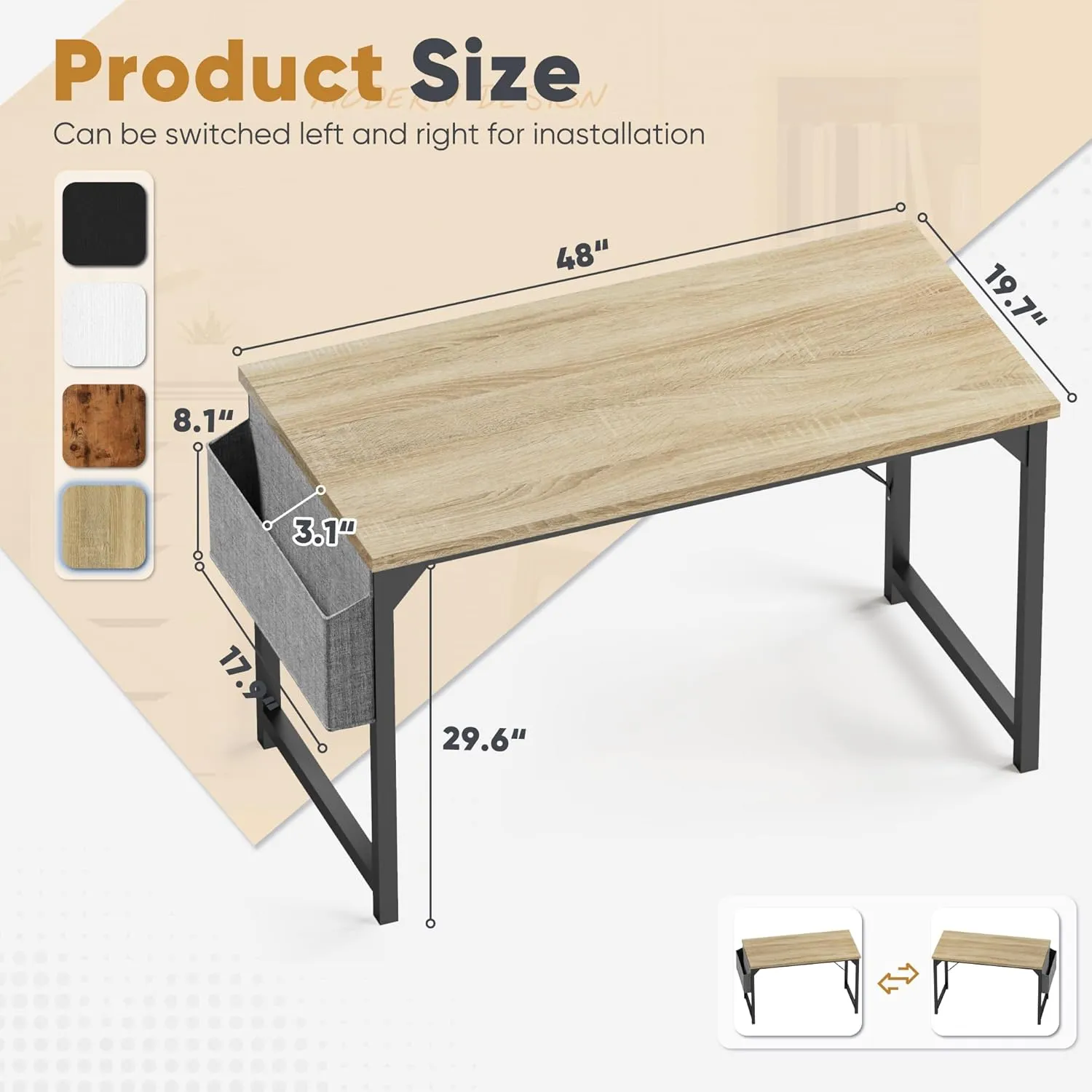 Shahoo Computer Desk, 48 Inch Office Writing Work Table, with Storage Bag and Hook, for Home, Study, Nature