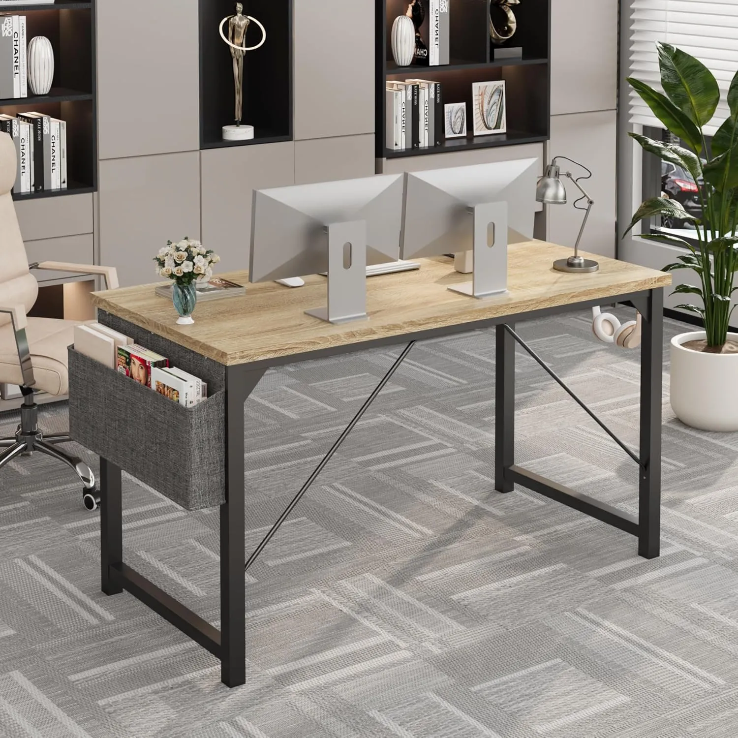 Shahoo Computer Desk, 48 Inch Office Writing Work Table, with Storage Bag and Hook, for Home, Study, Nature