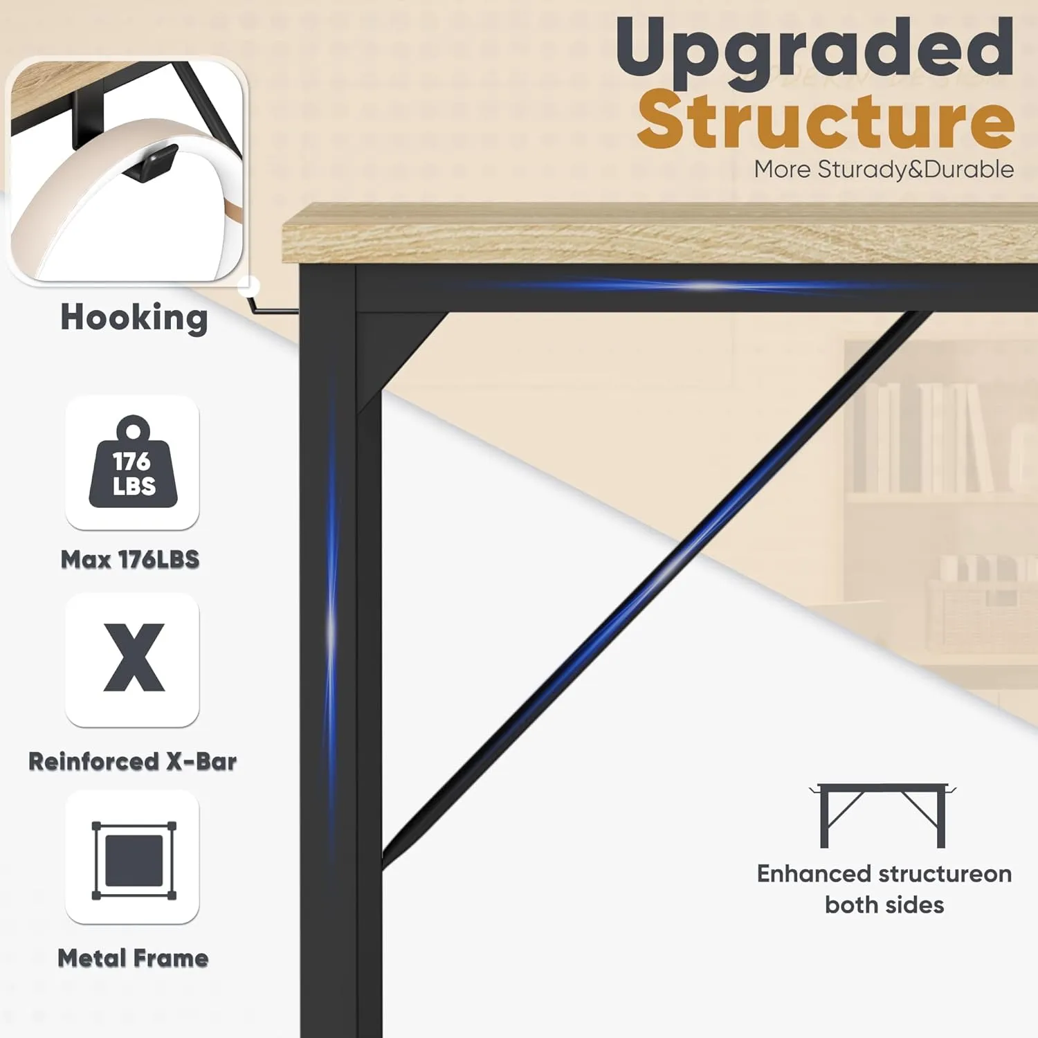 Shahoo Computer Desk, 48 Inch Office Writing Work Table, with Storage Bag and Hook, for Home, Study, Nature