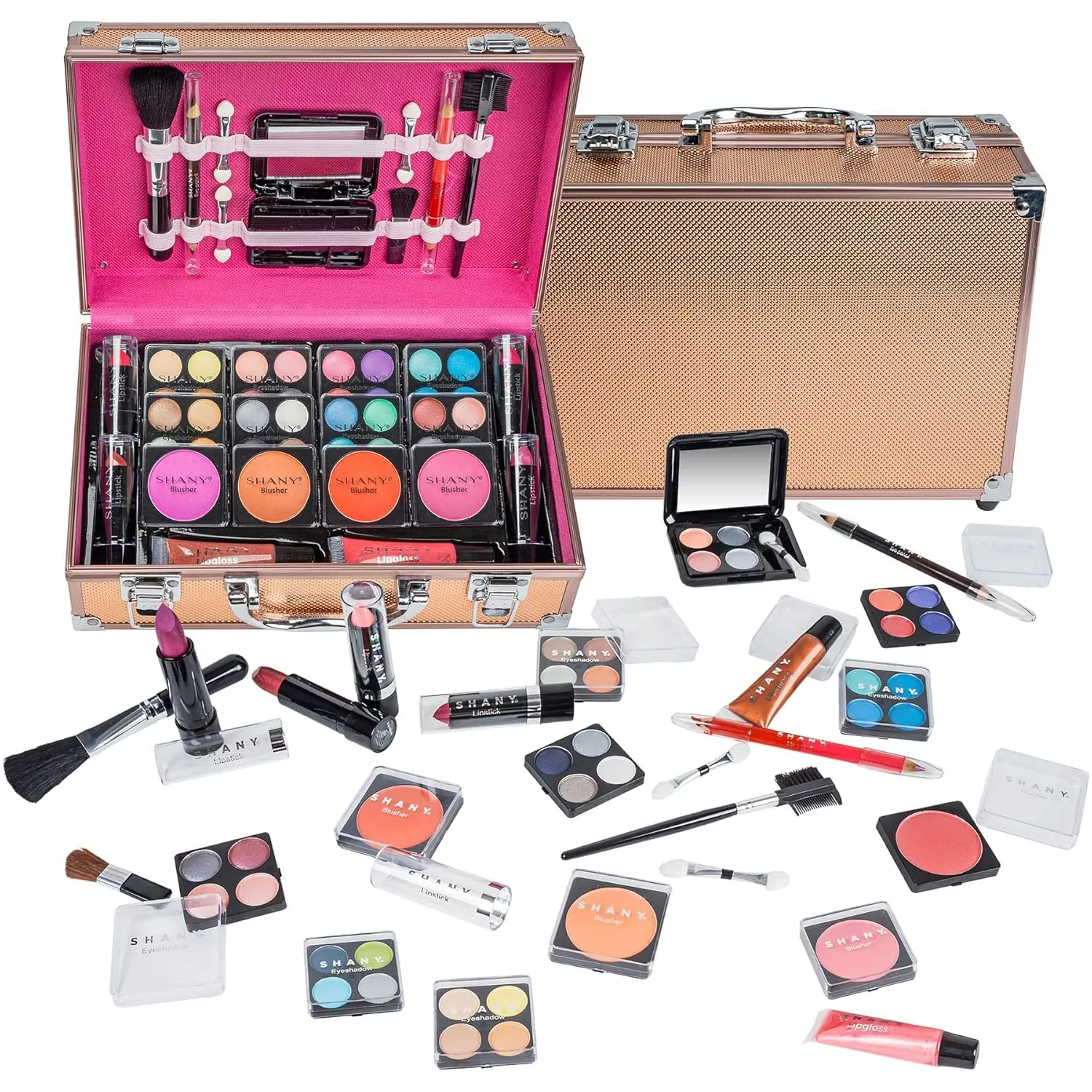 SHANY Carry All Makeup Train Case with Pro Makeup Set, Makeup Brushes, Lipsticks, Eye Shadows, Blushes, Powders, and more - Reusable Makeup Storage Organizer - Premium Gift Packaging - Rose Gold