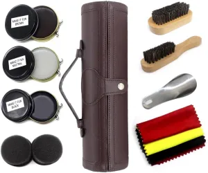 Shoe Shine Kit with PU Leather Sleek Elegant Case, Travel Shoe Shine Brush kit 12-Piece
