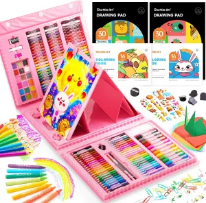 Shuttle Art 335 Piece Kids Art Set, Multi-Media Art Supplies, Gift Art Kit with Trifold Easel, 2 Drawing Pads, 2 Coloring Books, Oil Pastels, Crayons, Watercolors, Markers, Colored Pencils (Pink)