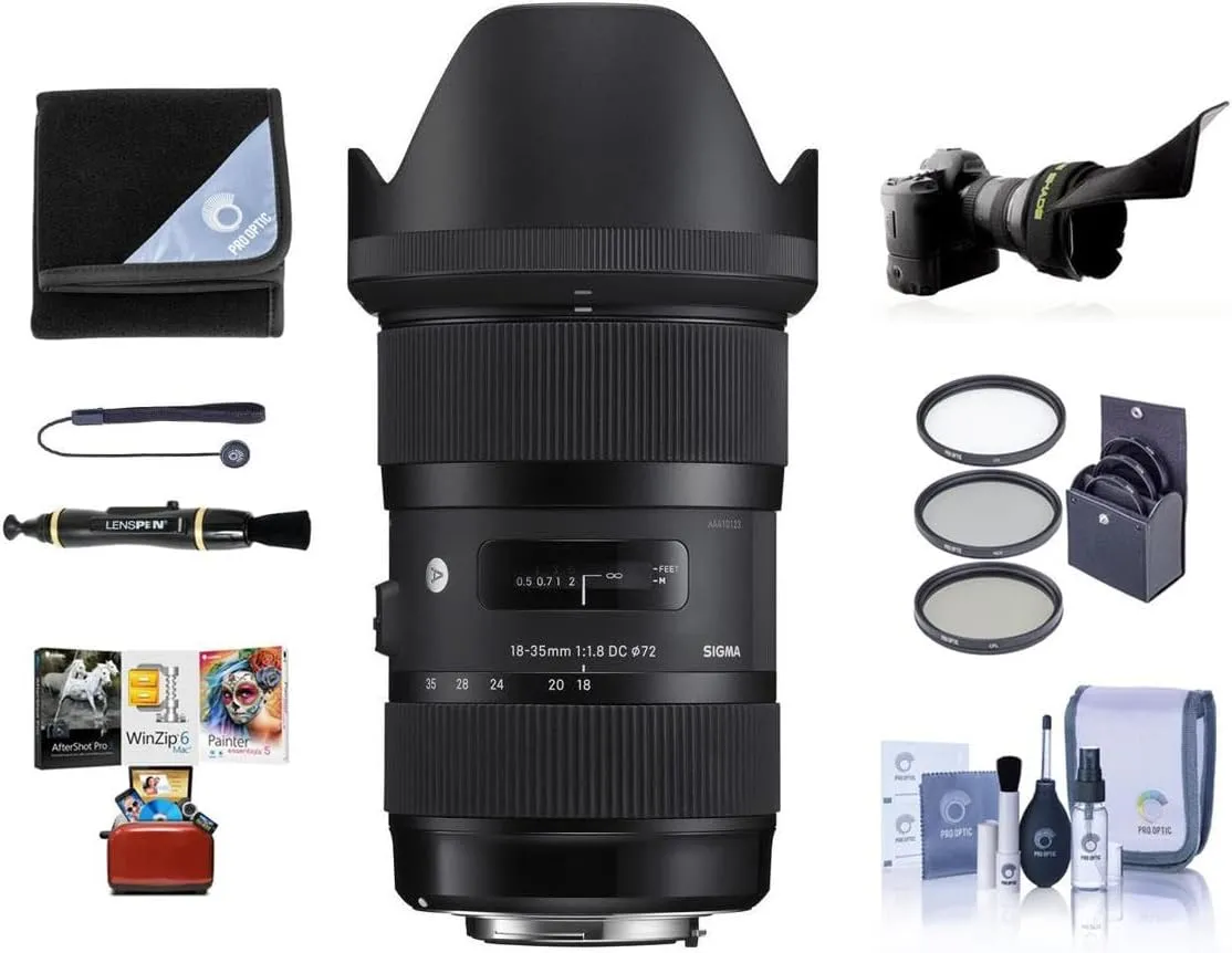Sigma 18-35mm f/1.8 DC HSM Art Lens for Nikon F, Bundle with ProOptic 72mm Filter Kit, Flex Lens Shade, Cleaning Kit, Cap Tether, Lens Wrap, LensPen Lens Cleaner, Mac Software Kit