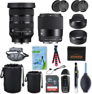 Sigma 30mm f1.4 DC DN Contemporary   Sigma 24-70mm f2.8 DG DN II Art Lens for Sony E with Sunshine Photo Accessories Bundle - 4 Years USA Manufacturer Warranty