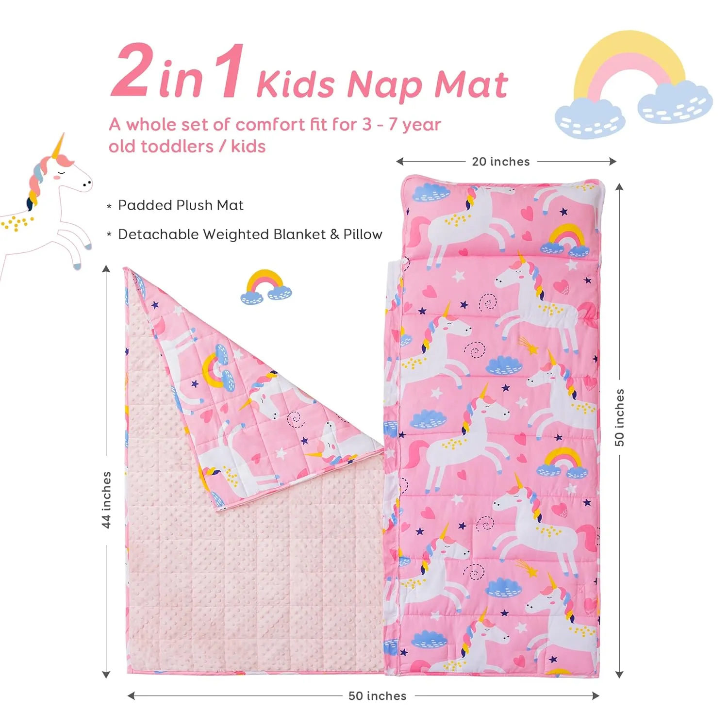 Sivio Nap Mat Weighted Blanket 3lbs, Weighted Nap Mat Blanket with Detachable Pillow, 50 x 20 Inches, Pink Unicorn